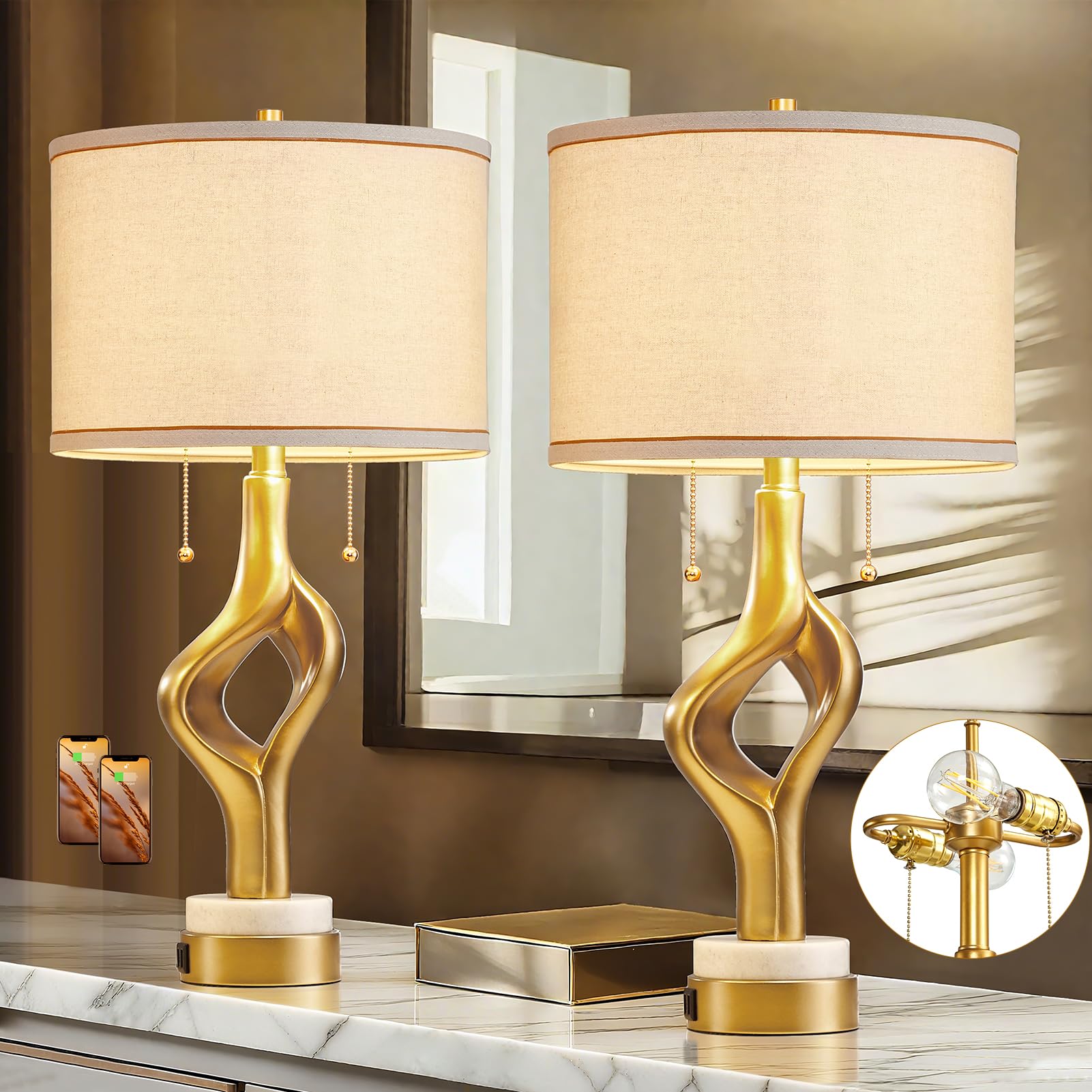 Reyokale 25.5 Set of 2 Modern Table Lamps for Living Room Bedroom  Gold Leaf Sculptural Bedside Lamps with Marble Base and USB C+A Ports for Office End Tables Nightstand  2 Bulbs Included