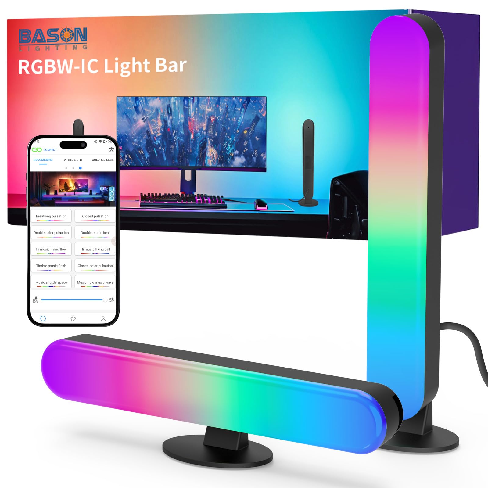 BASON LIGHTING Smart Light Bars  RGB-ICW Smart Led Lights with Music Sync  Bluetooth RGB Desk Light  Gaming Lights for PC  TV  Mood Lighting  USB Powered for Room Decoration.