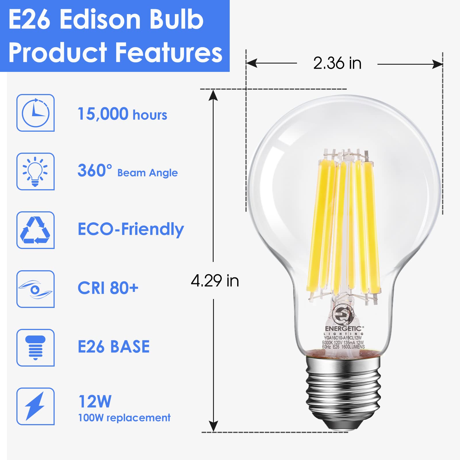 Energetic Dimmable A19 Led Edison Light Bulb, 12W Equivalent 100W, 1600Lm High Brightness, 5000K Daylight, Clear Antique Led Fil
