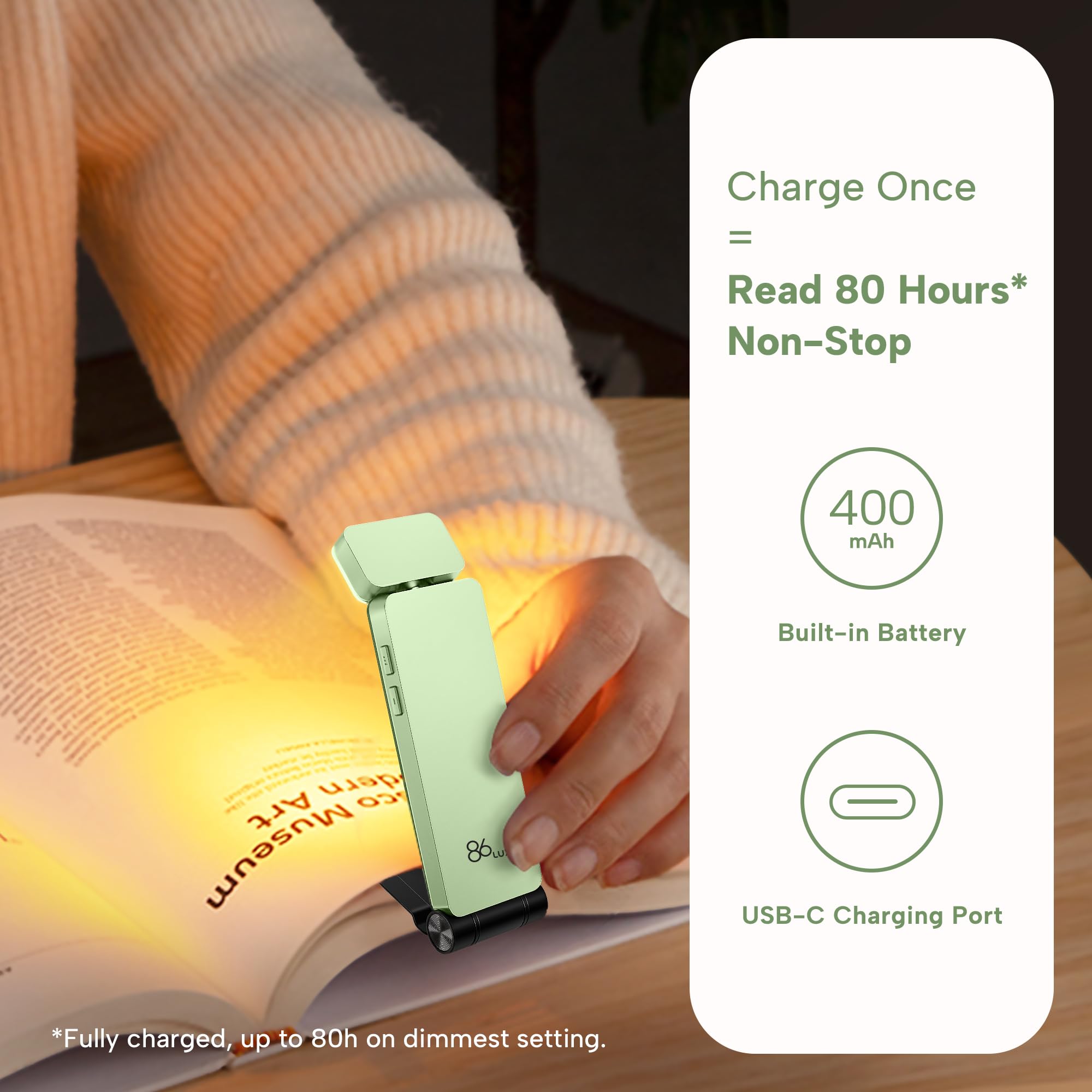 86Lux Book Light, Rechargeable Reading Lights For Books In Bed, Ultralight Clip-On Led Bookmark Lamp With 3 Amber Colors & Stepless Dimming For Night Reading For Book Lovers, Kids, Mint Green