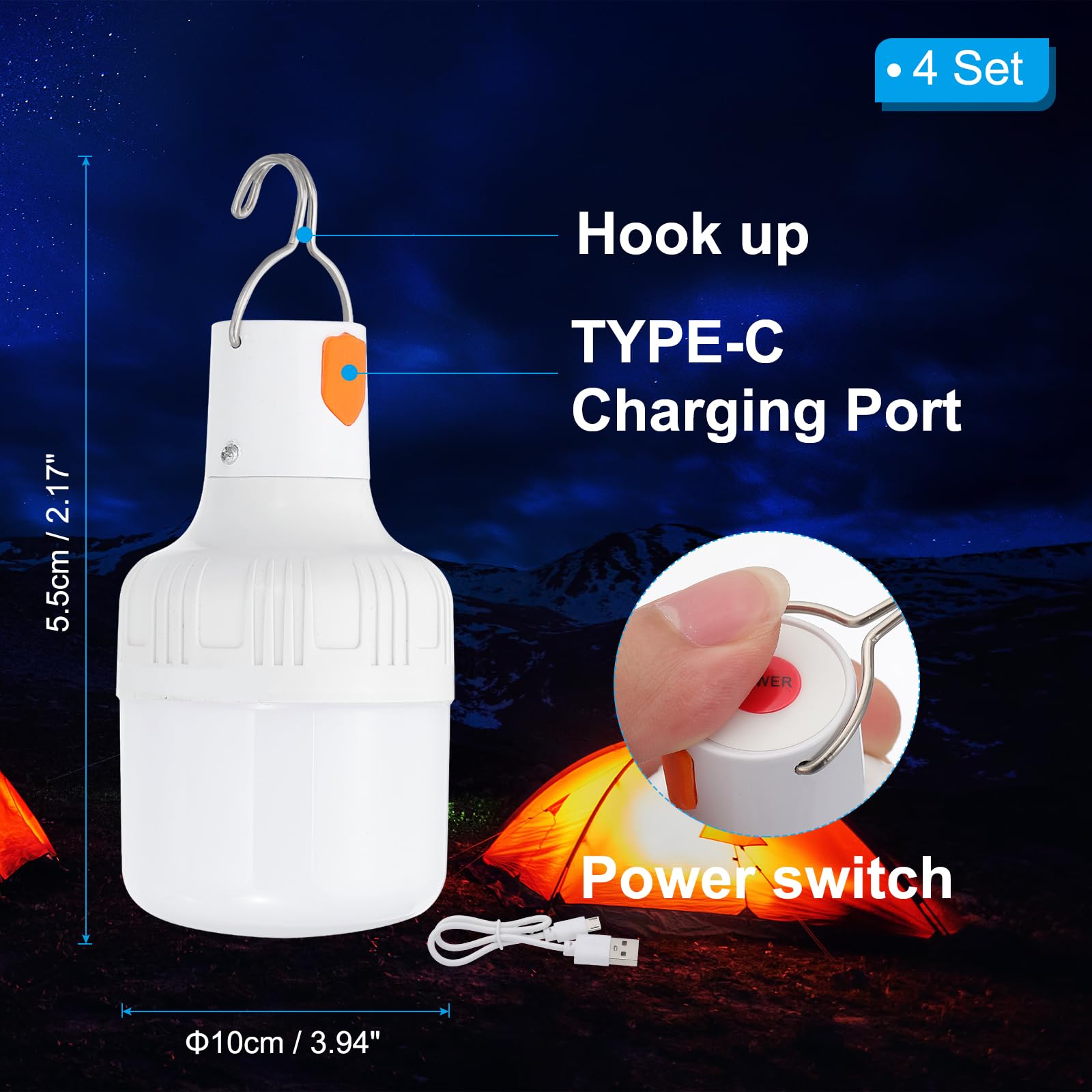Patikil Camping Lantern  4 Pack Rechargeable Led Tent Lamp Lights Bulb Portable Hanging 3 Lighting Modes 60W Clip Hook For Camping  Hiking  Fishing  White