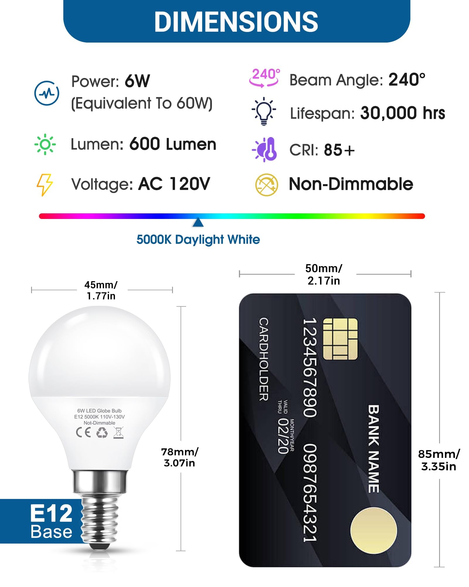 Flaspar G45 E12 LED Bulb 60W Equivalent, Daylight 5000K, Not-Dimmable, 120V, 6W, 600LM, Candel