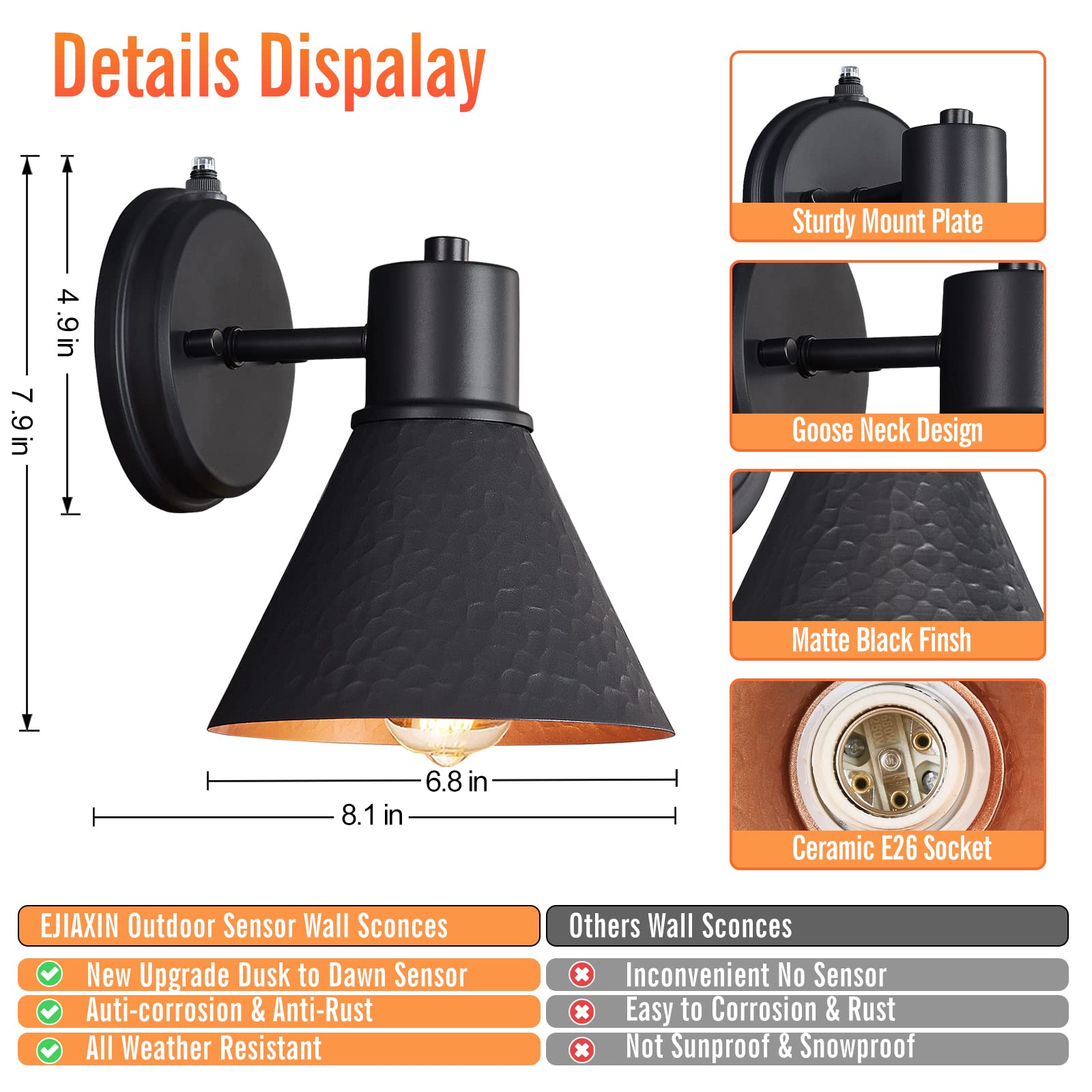 Ejiaxin 2 Pack Dusk To Dawn Outdoor Wall Sconces, Vintage Black Barn Light, Waterproof Fixture