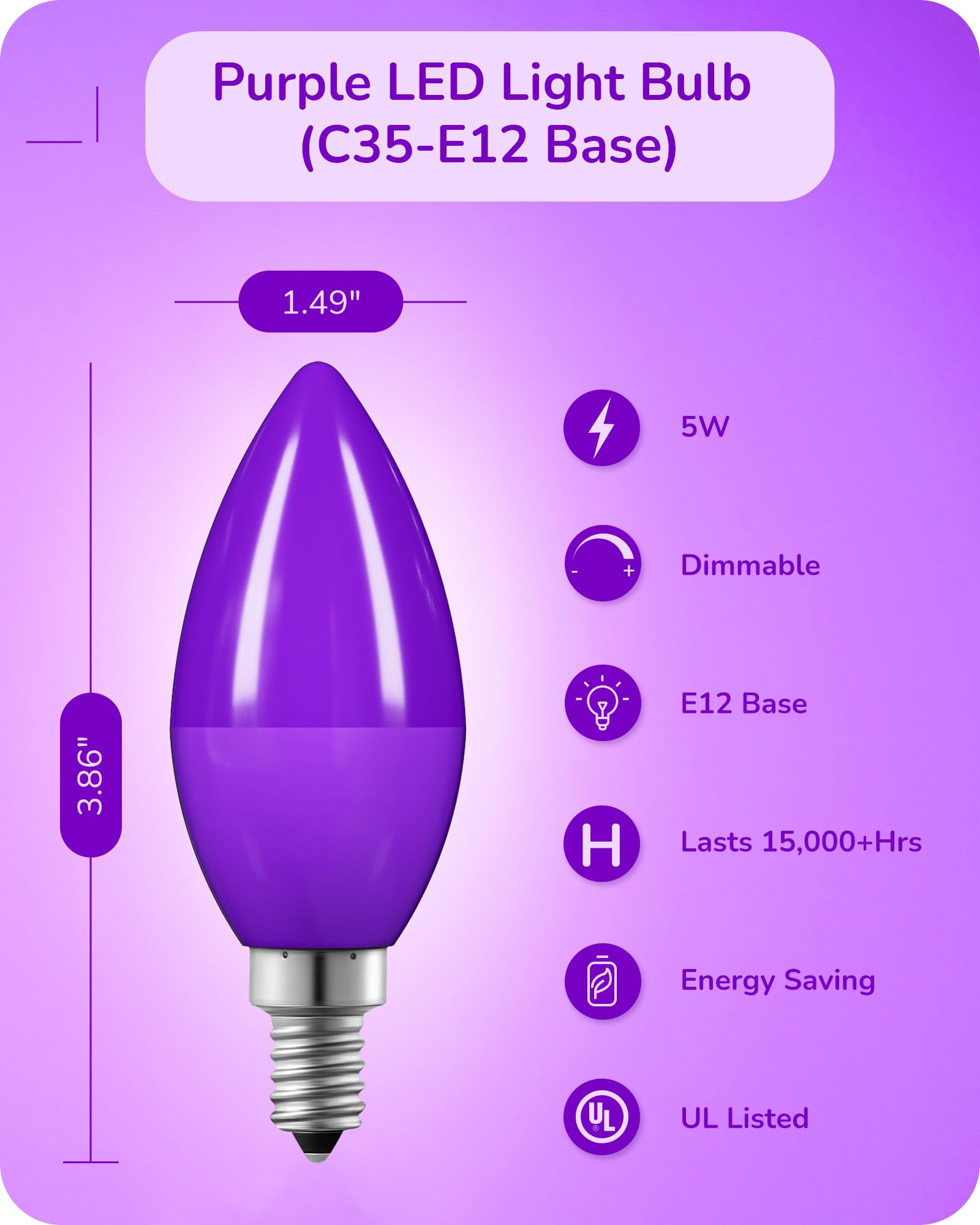 EDISHINE Halloween C35 Dimmable Purple LED Light Bulb, E12 Candelabra Bulbs, 60 Watt Equivalent, LED Chandelier Bulb, Vintage Ca
