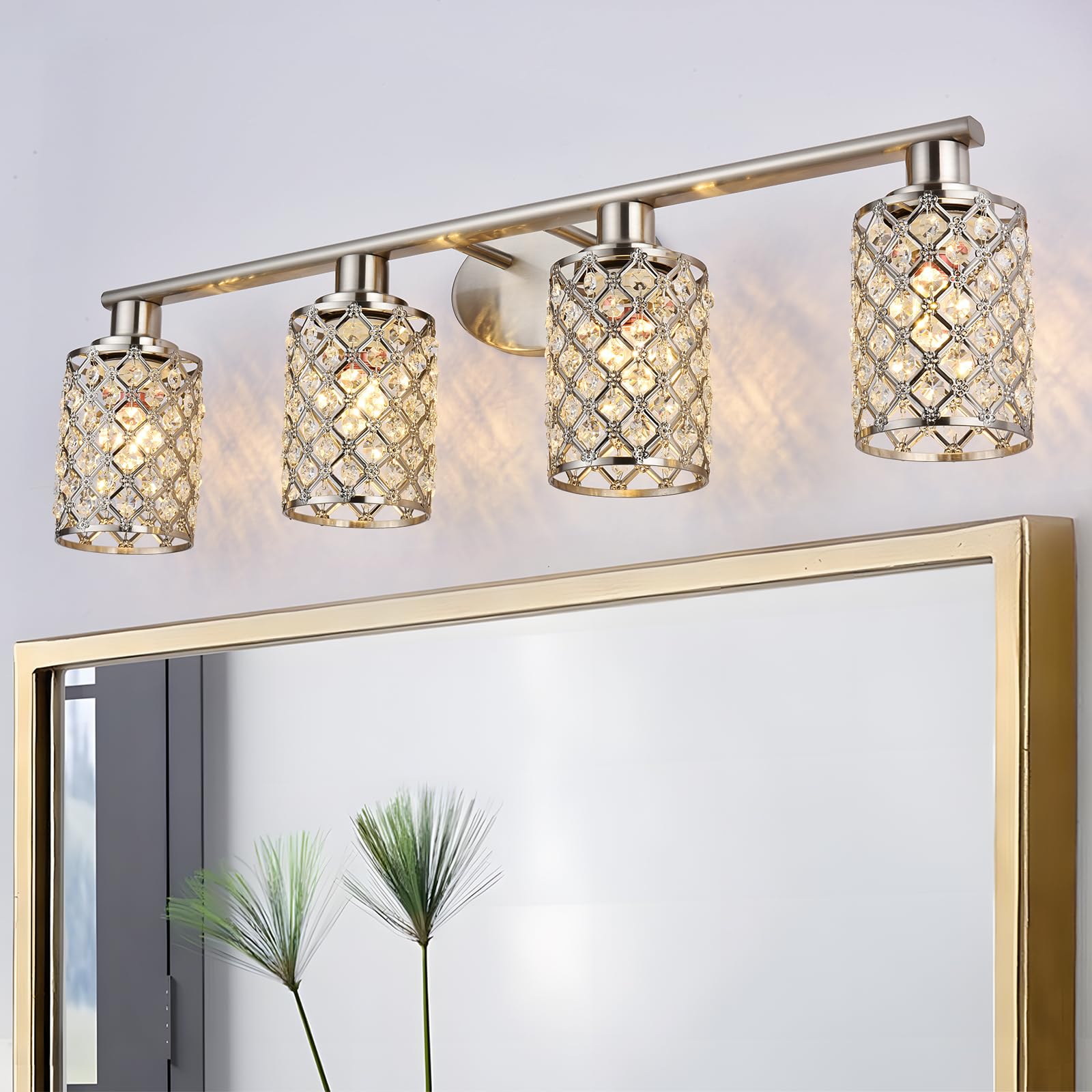 4 Light Bathroom Light Fixtures, Modern Farmhouse Vanity Light,Brushed Nickel Bathroom Lights Over Mirror,Crystal Vanity Lighting Fixtures For Bathroom,Powder Room