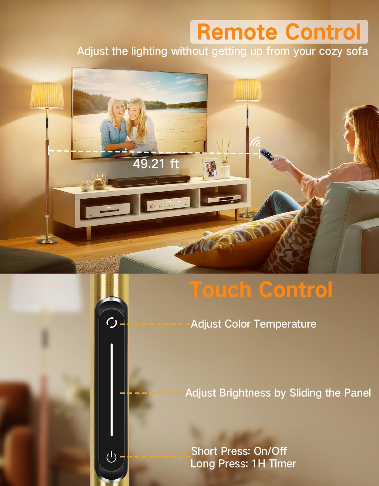 OUTON Wood Floor Lamp - Mid Century LED Dimmable with Remote & Touch Control, 4 Color Temperatures, Walnut