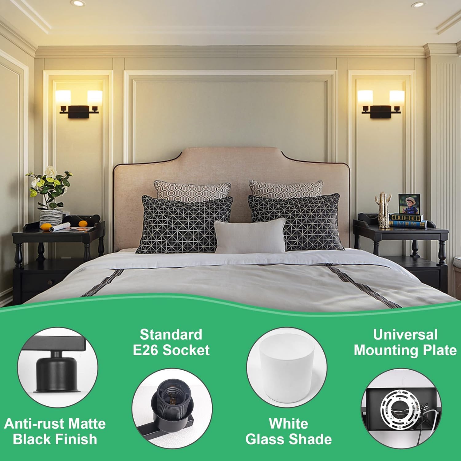 Dekang Bathroom Light Fixtures - 2-Light Matte Black Vanity Sconces with Milky White Glass Shades, Model AB123456MX