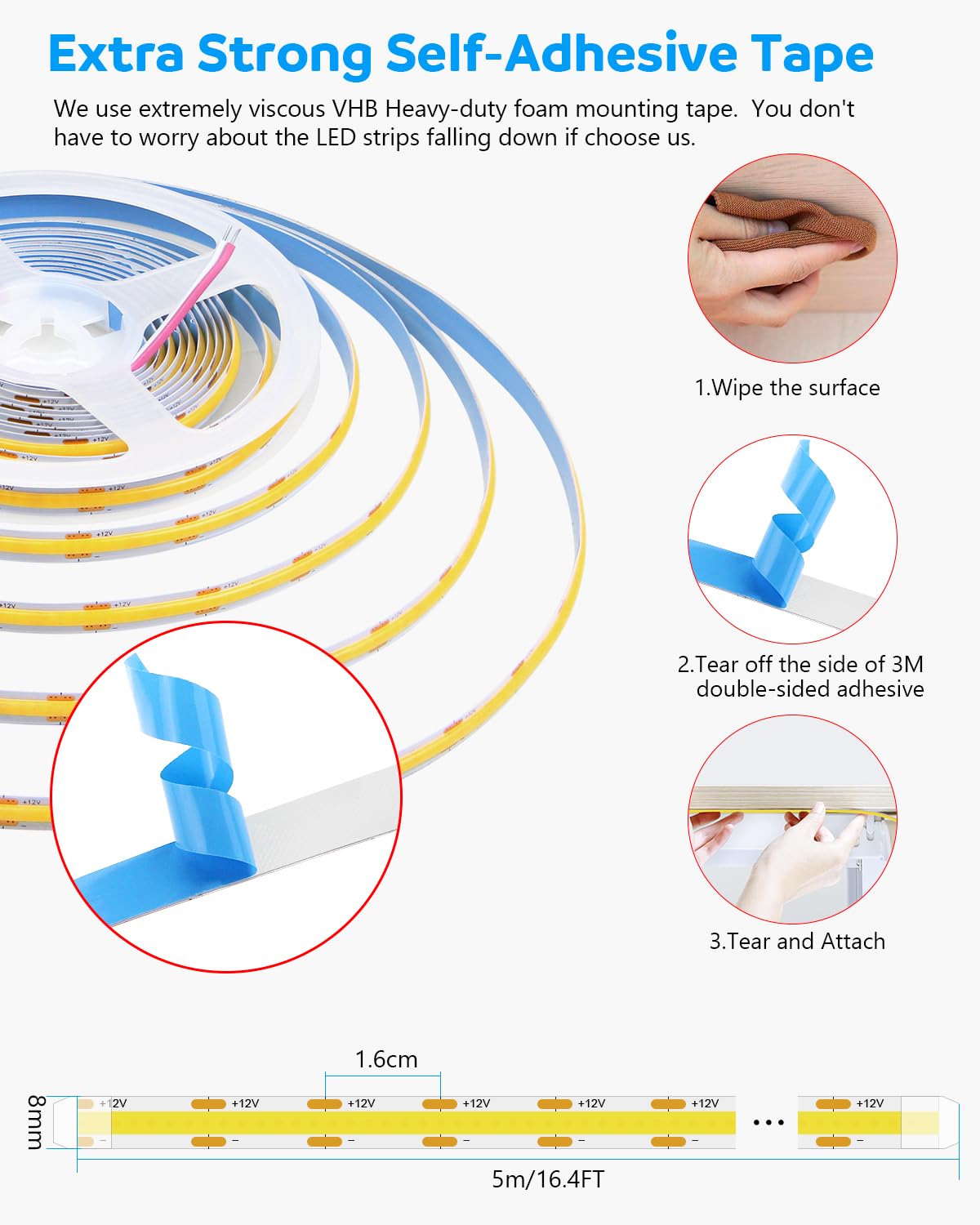 Aclorol 12 Volt Led Strip Lights Cob 16.4Ft Led Strip Lights For Bedroom 6000K Daylight White Cri85+ Flexible Led Tape Light For