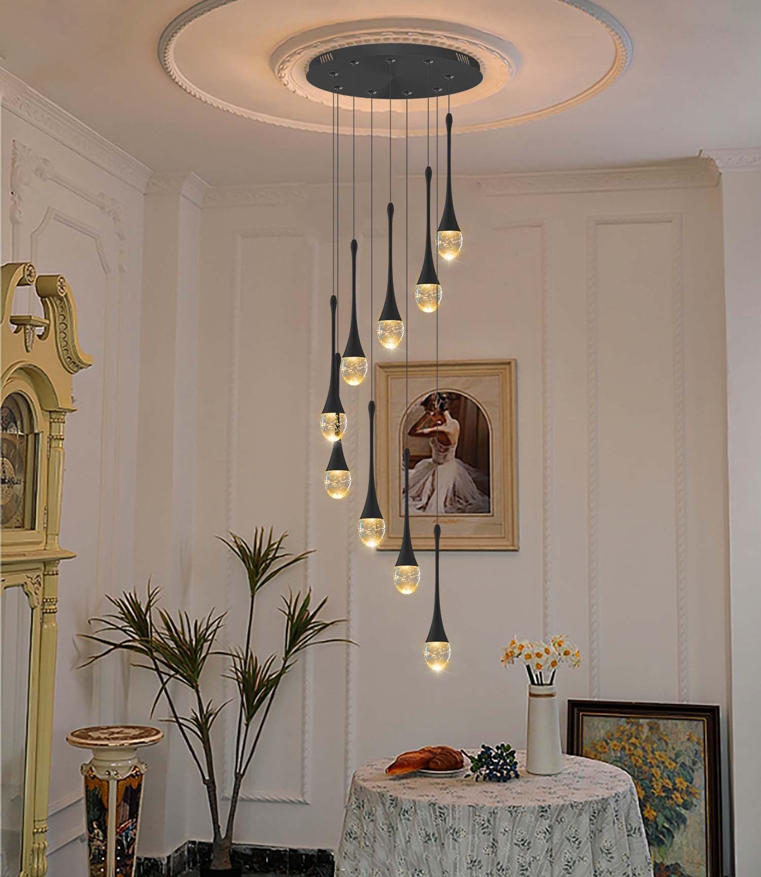 Ykolupty 9-Lights Black Pendant Chandliers 100'' High Staircase Ceiling Chandeliers Crystal Bubble Raindrop Lighting Chandelier Ceiling Living Room Dimmable 2700-6000K Led Dining Lighting