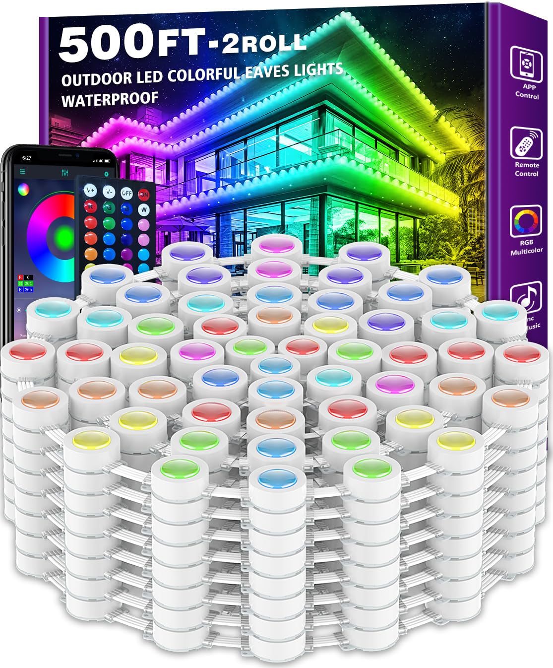 Letianpai 500Ft Rgb Outdoor Lights, App Control, Ip67 Waterproof Eaves Lighting For Decor