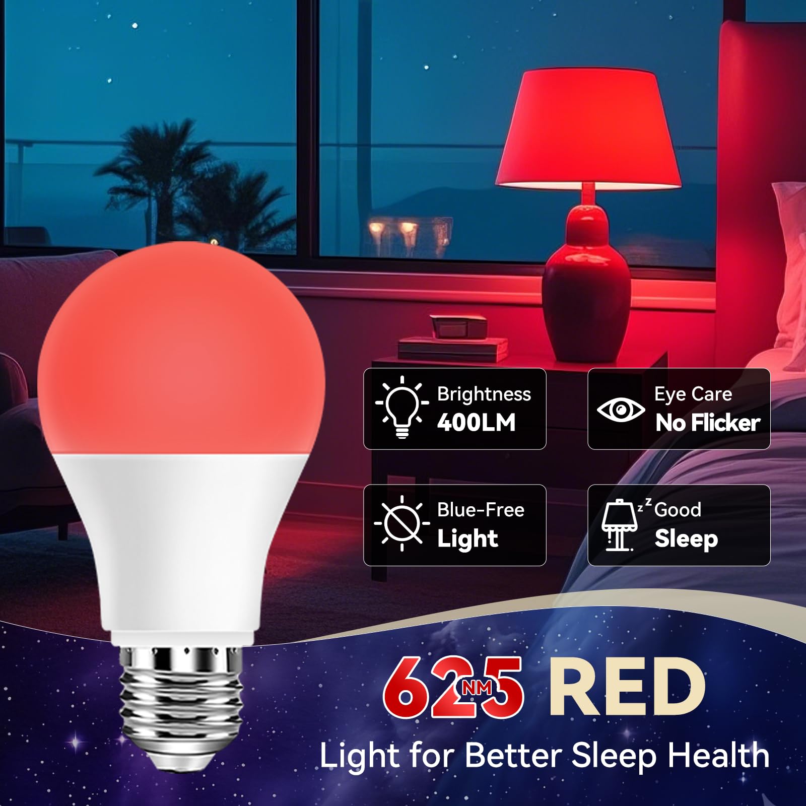 Neporal Red LED Light Bulbs, 3W, 2-Pack, 100% Blue Light Blocking, A19 Night Light for Sleep and Reading
