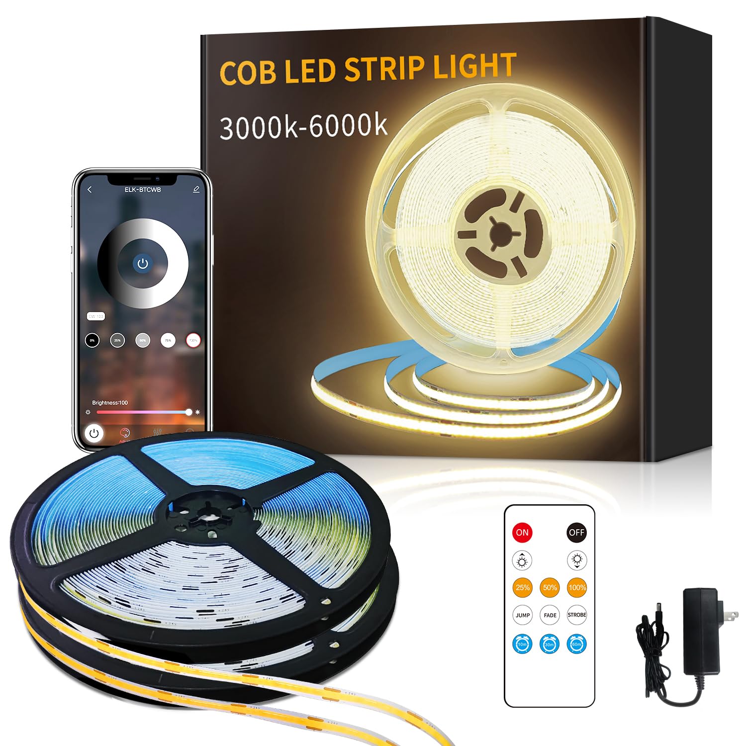 Yeewhale COB LED Strip Lights, 100ft, Dimmable Warm White, DC 24V, Flexible, Remote & App Control, Model Yeewhale-100cobNB06