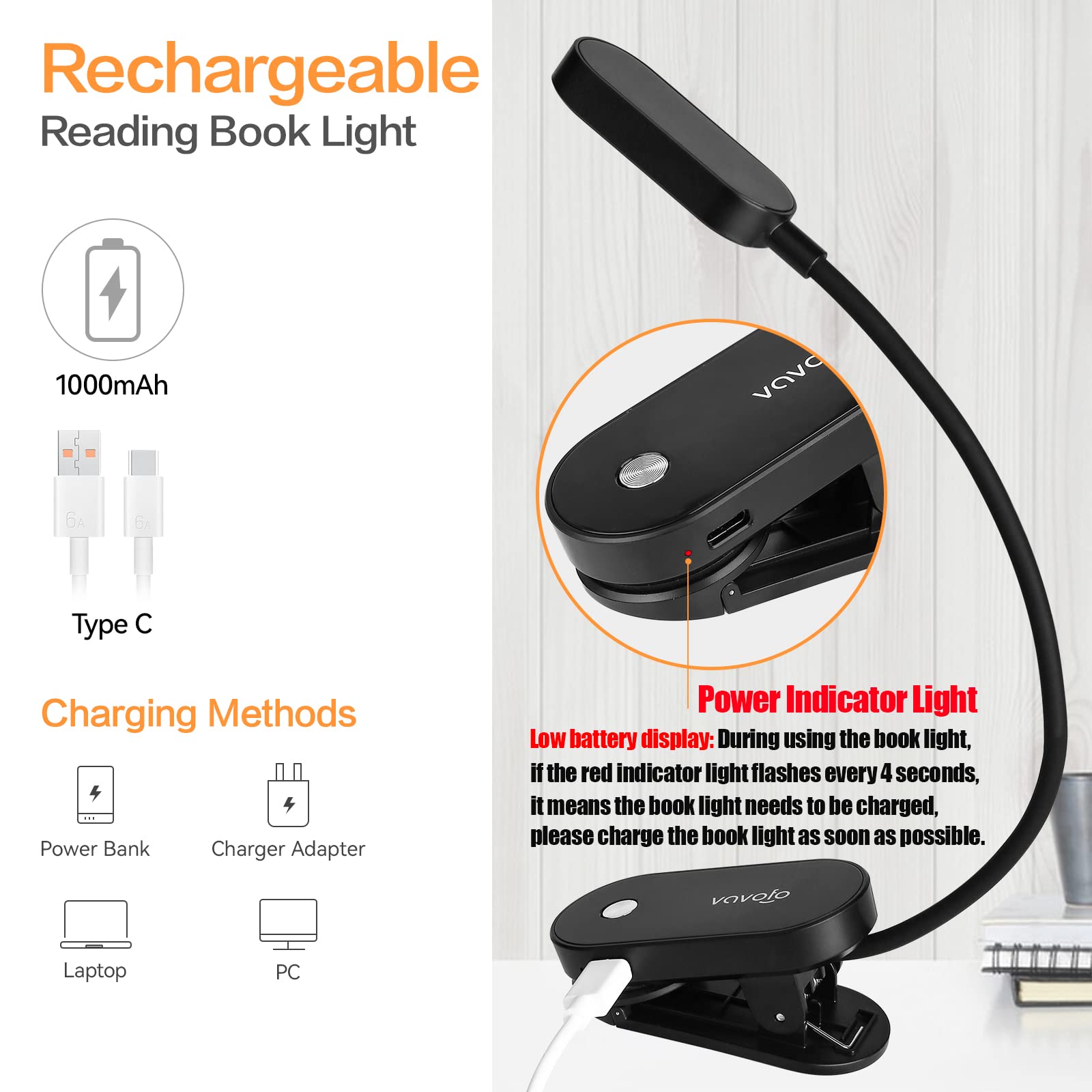 VAVOFO Rechargeable Book Light, 14 LEDs, Amber Color, 9 Brightness Levels, Clip-On Design, Model KM-6775, Black