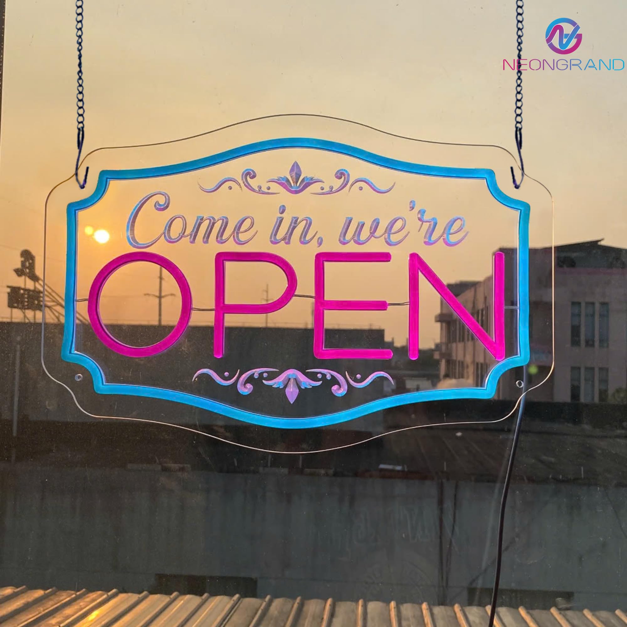 NEONGRAND LED Neon Open Sign - Adjustable Brightness, 16.5x11in, Pink and Ice Blue, Acrylic Decor for Business and Parties