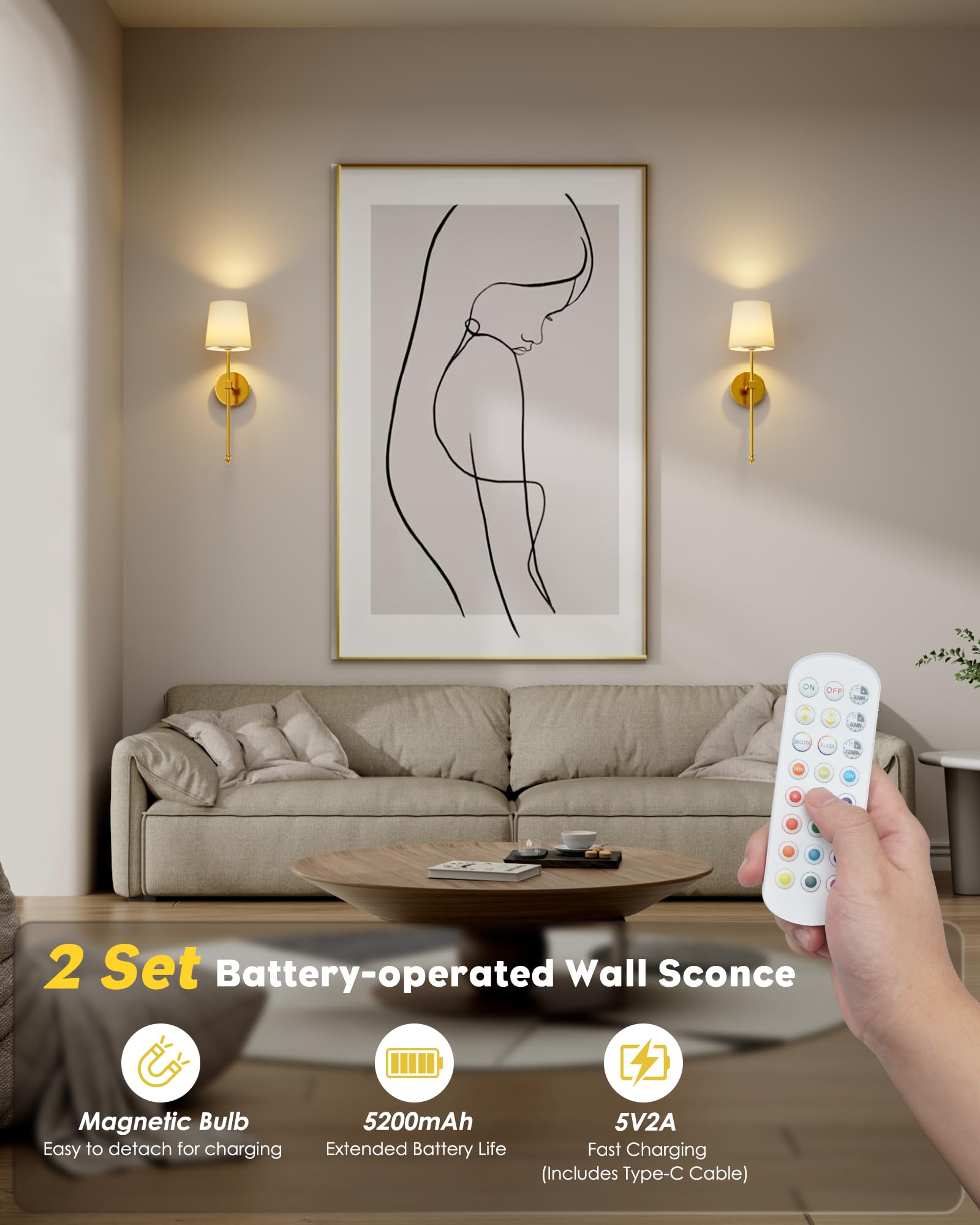 Kfm Battery Operated Wall Sconces Set Of Two - Wireless Gold Sconces Wall Decor Set Of 2, Rechargeable Wall Lamps For Bedroom, L