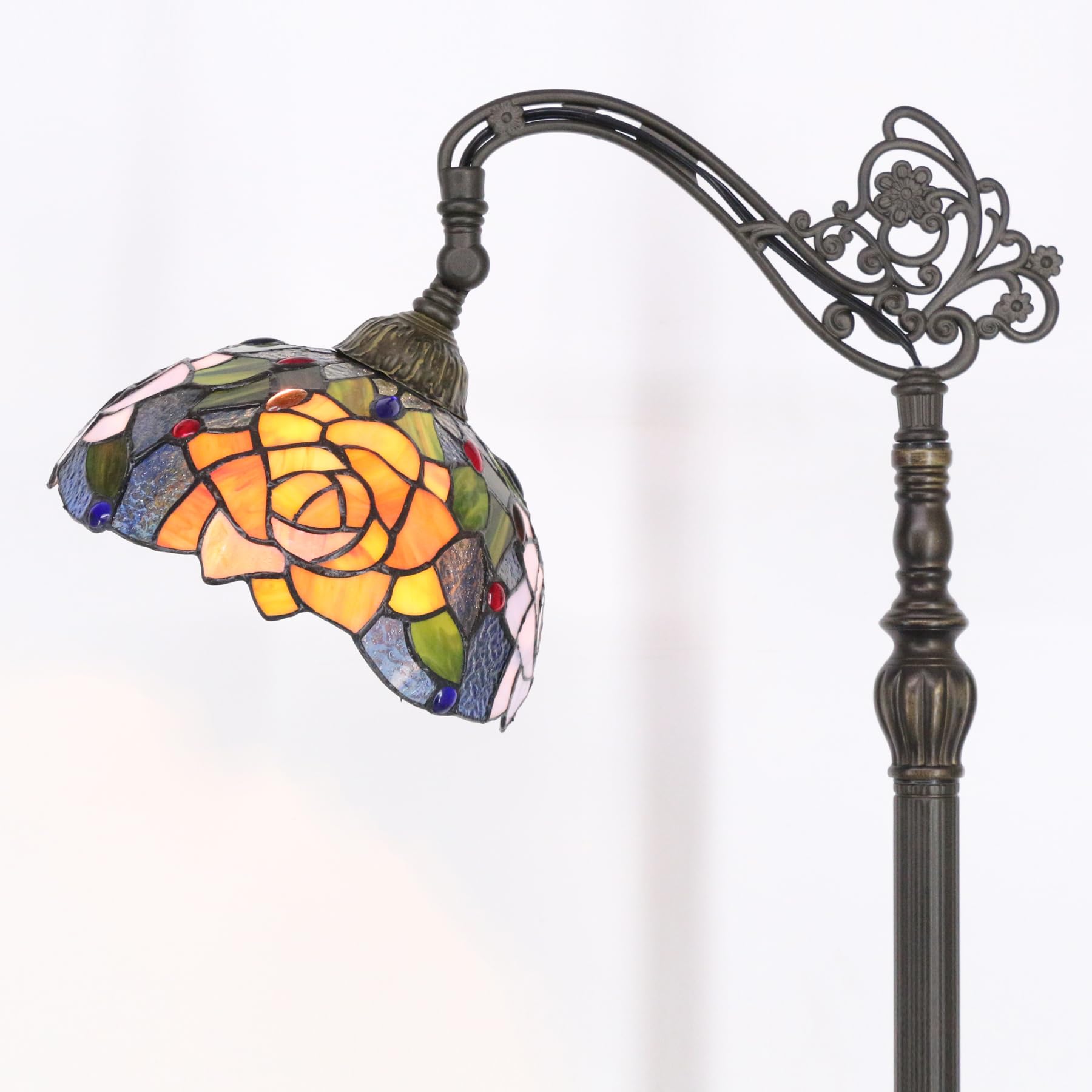 Avivadirect Tiffany Floor Lamp Stained Glass Orange Red Rose Arched Reading Light Gooseneck Adjustable Corner Standing Lamp 10X1