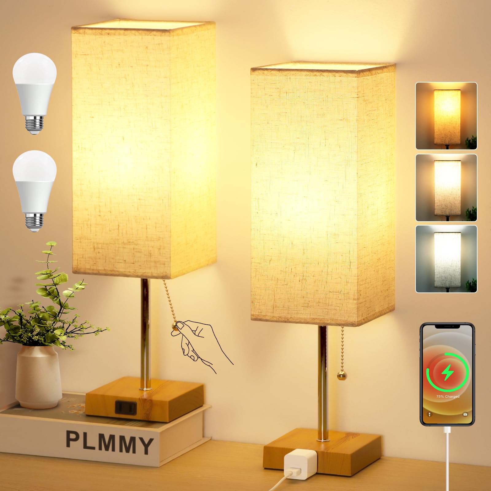 PLMMY Table Lamp Set of 2, 18 Inch Flaxen Shade-Wood Base, 3 Color Temperatures, Model RD-PTL6W-022