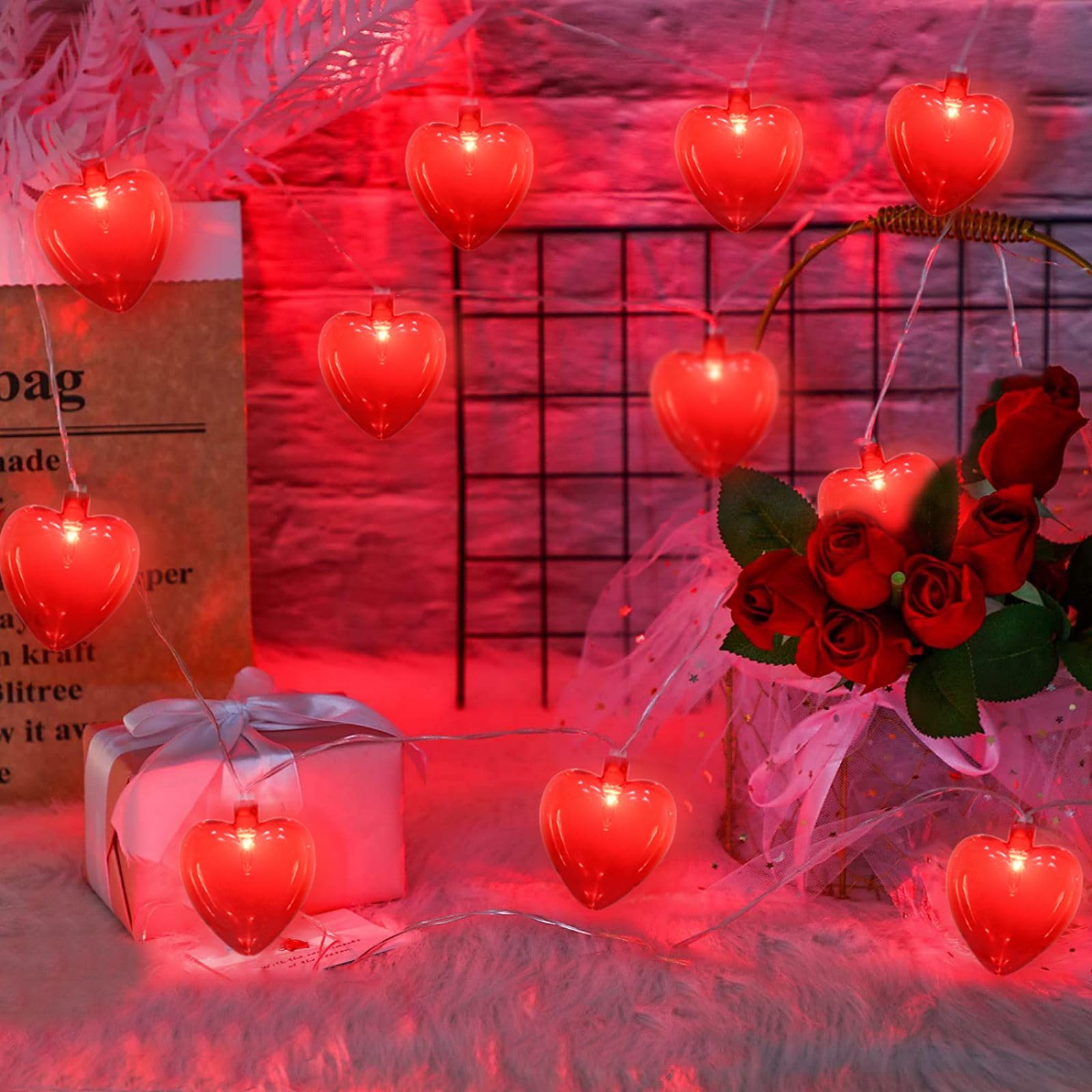 Pallerina Heart String Lights - 10 Red Heart Fairy Lights for Valentines Day, Wedding, Party Decor - 8.5Ft, Plastic