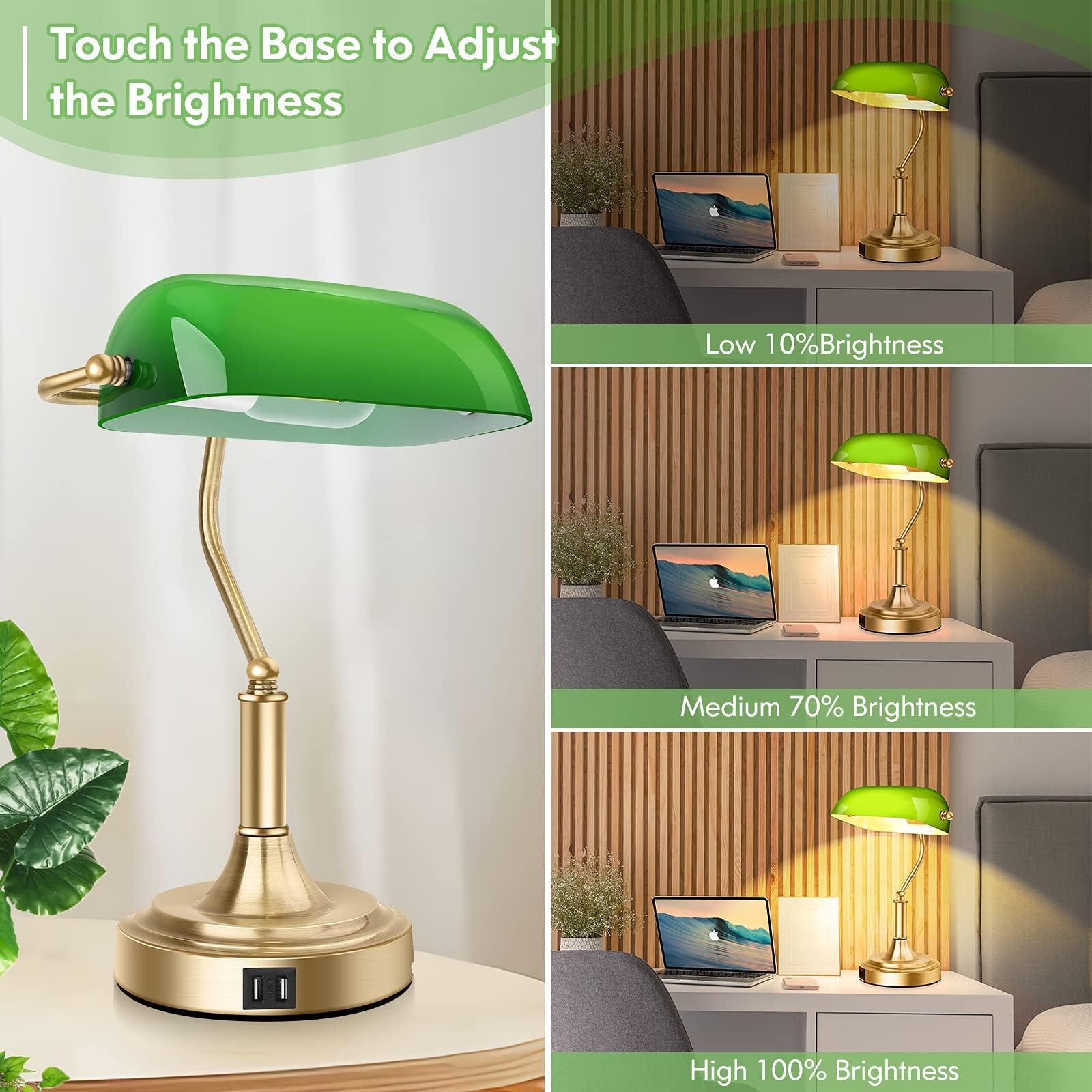 Brightever Bankers Lamp - 3-Way Dimmable Touch Control Green Glass Desk Lamp with Brass Base, 2 USB Ports, Model T1001-1AB