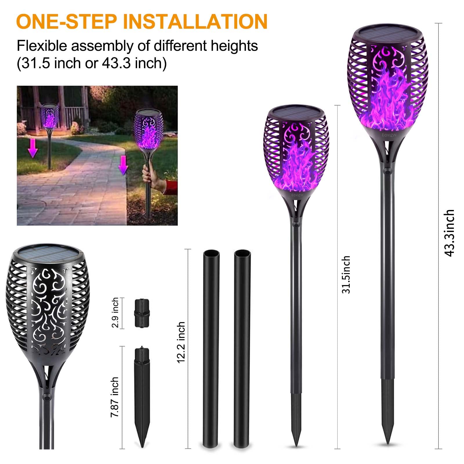 EOYIZW Solar Tiki Torches, 4 Pack, 99 LEDs, Purple, IP65 Waterproof, Flickering Dancing Flame Lights for Outdoor Halloween Decor