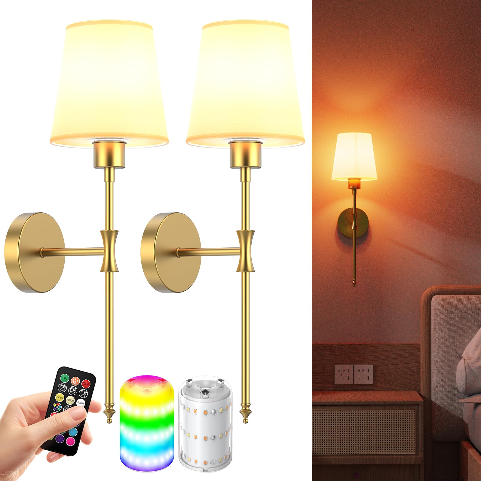 Battery Operated Wall Sconces Set of Two, Rechargeable Wall Light with Remote Control, Dimmable 1800K-6000K LED Wall Lamp, 9 Col