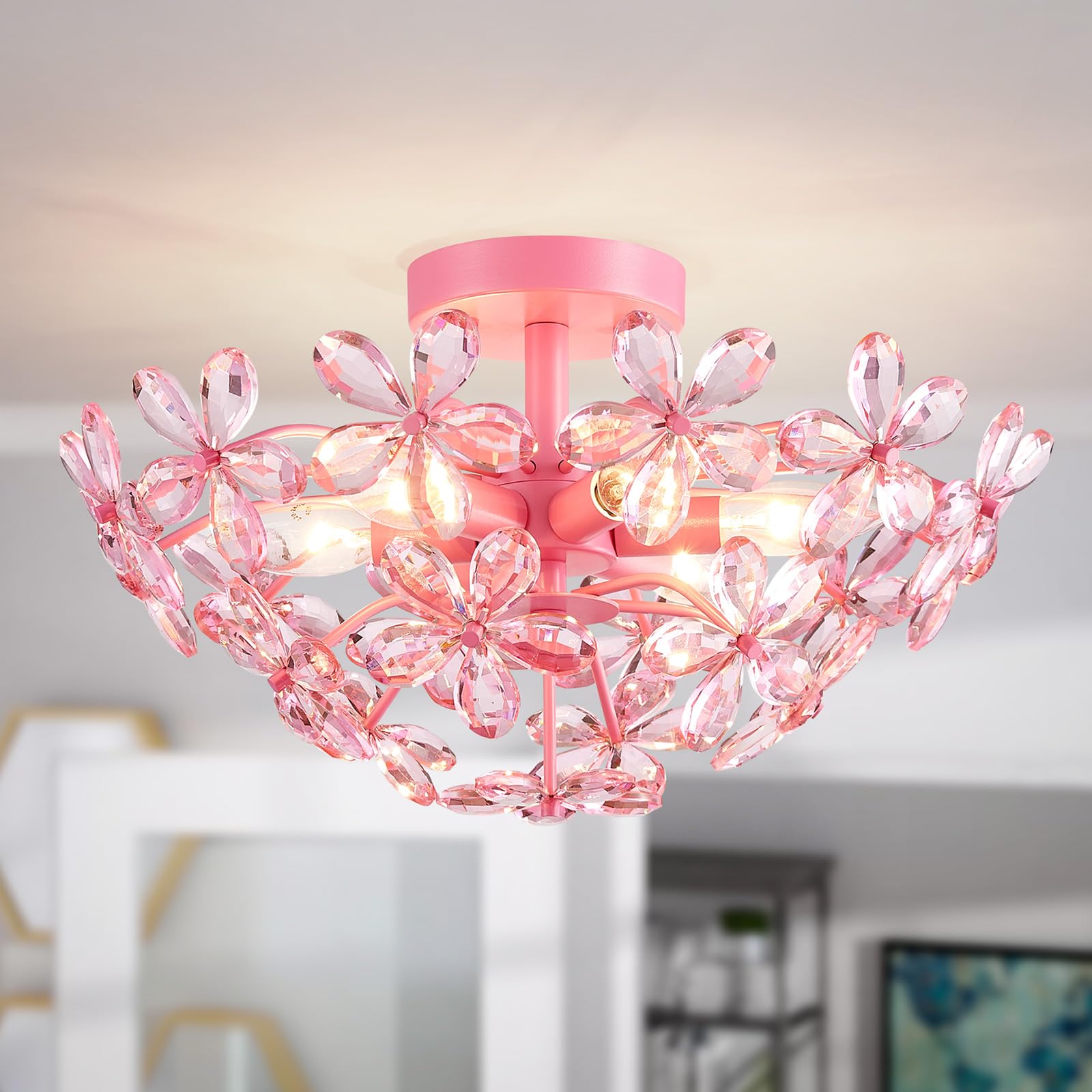 WUZUPS Crystal Chandelier Flushmount Ceiling Light, 8.9in H x 17.7in W, Pink, Metal, 6 Lights, Model USHD90013C-P