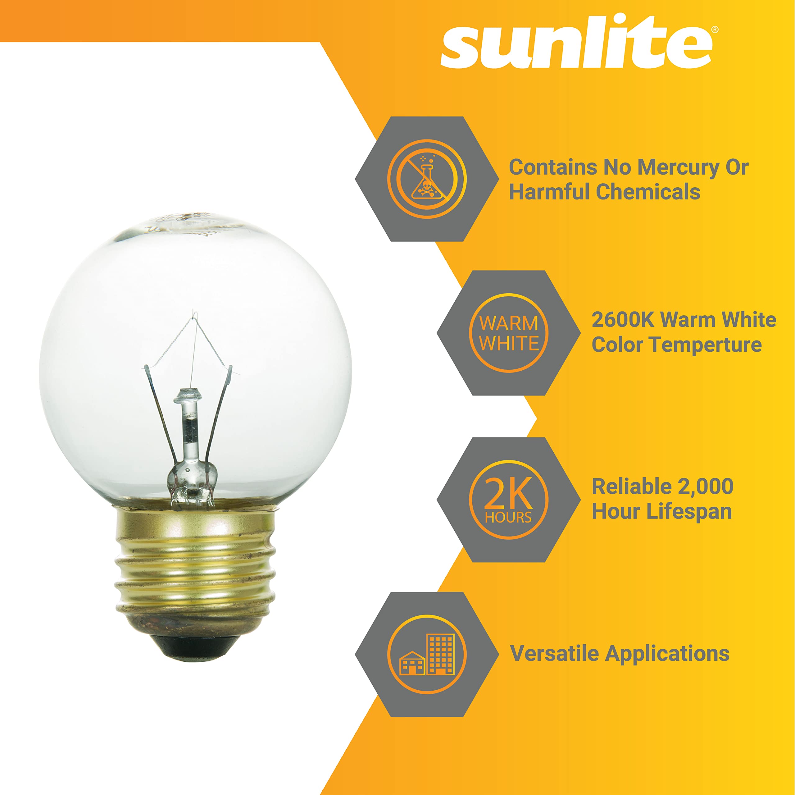 Sunlite 40137 G16 Globe Incandescent Light Bulbs, 25 Watts, Medium Base (E26), 120 Volt, Dimmable, 150 Lumens, Title 20 Approved