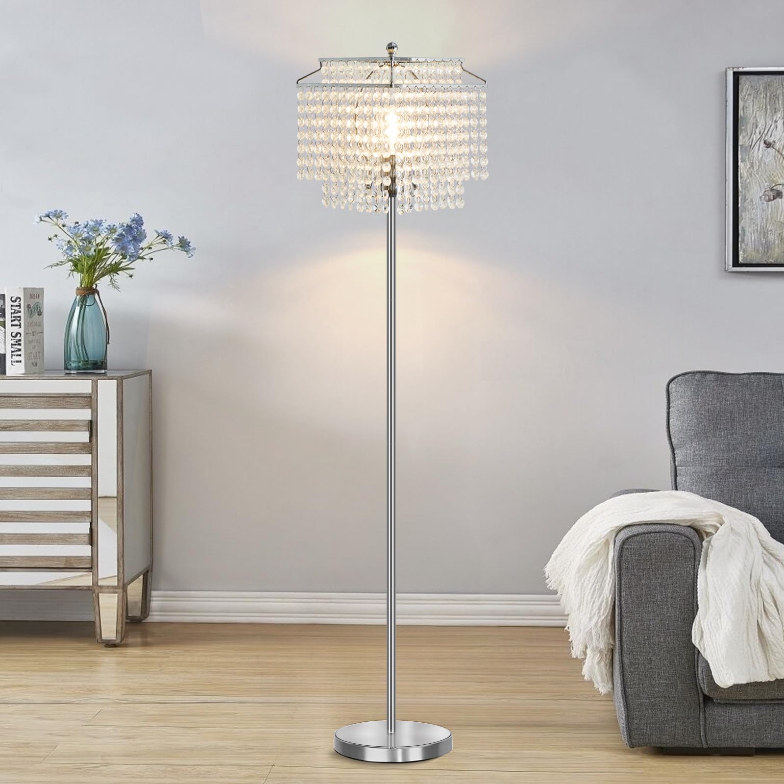 Luvkczc Silver Crystal Floor Lamp, Modern Design with Double-Layer Lampshade, On-Off Foot Switch, Tall Pole for Living Room & Bedroom