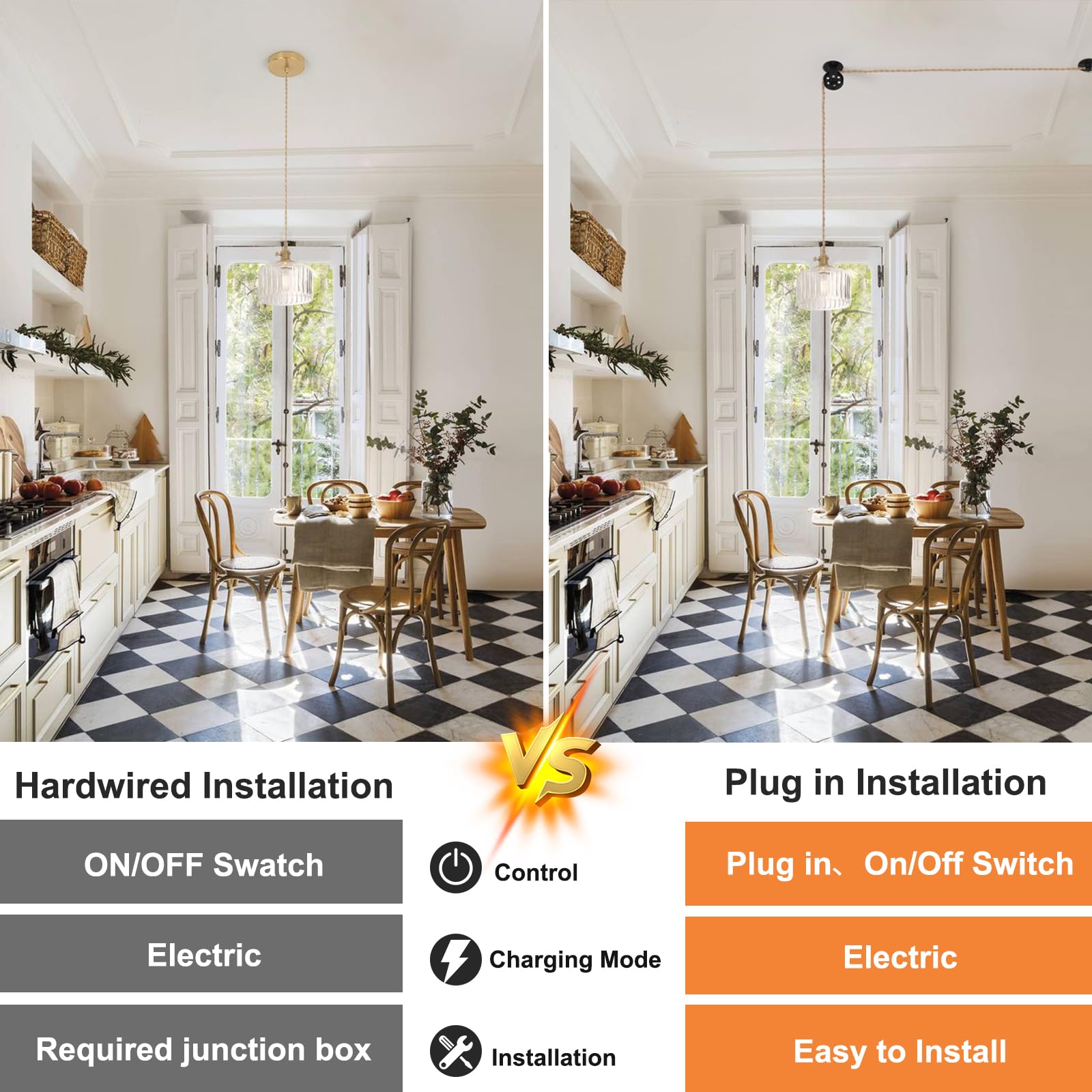 Shenmoyl Plug In Pendant Light Hanging Light Fixture Corded On/Off Switch Brass Pendant Light With Clear Striped Glass Lampshade