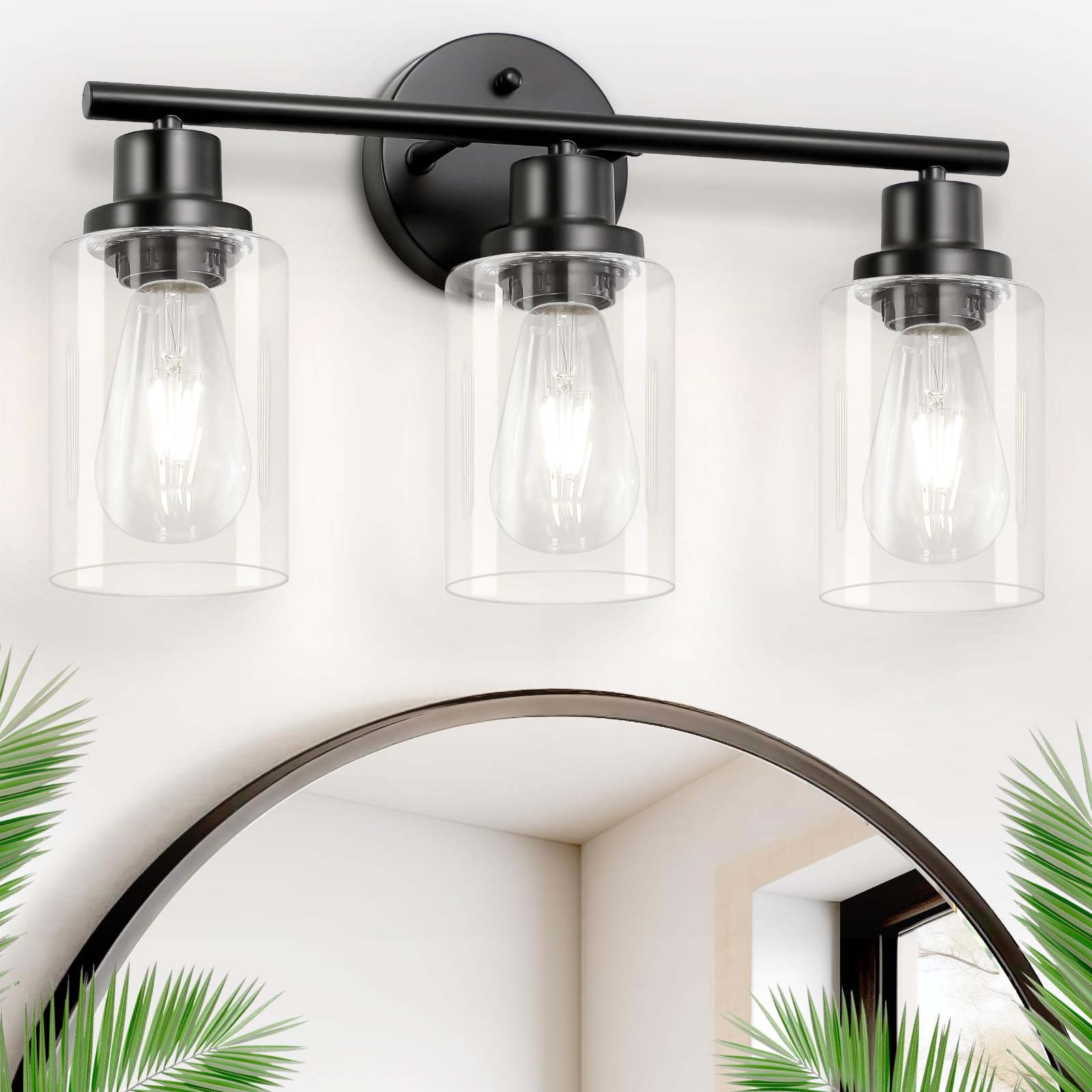 Guliaofo 3-Light Bathroom Vanity Light Fixture, Matte Black, Metal, Clear Glass Shade, Model Gu-111-QGH-3
