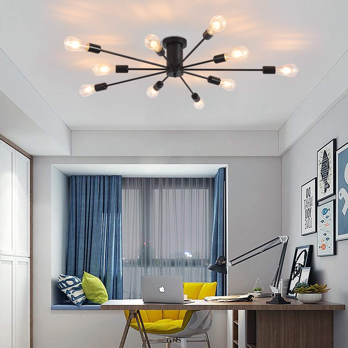 Garwarm Semi Flush Mount Ceiling Light 10-Light Black Sputnik Chandelier Model 8080-10 Metal Fixture for Kitchen Dining Room