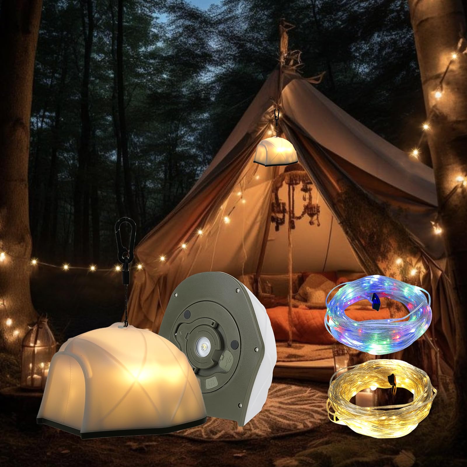 Camping String Light, 49.2FT Rechargeable Waterproof LED Camping Outdoor Light, Portable Emergency Outdoor Tent Lights with 4000