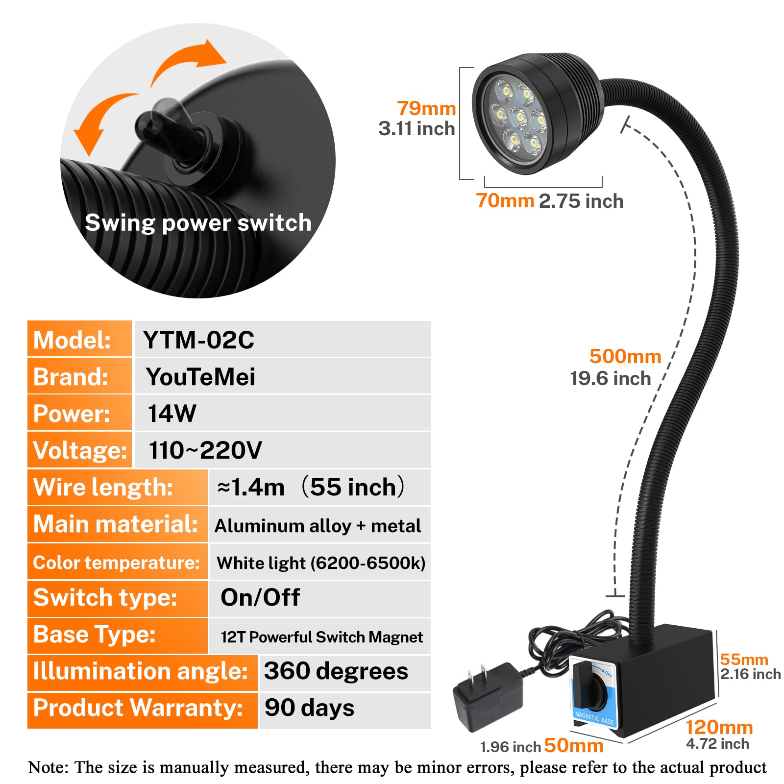 YouTeMei Magnetic Work Light, 1400 Lumens, IP65 Waterproof, Flexible Gooseneck, 14W Size, Black, with 12T Magnetic Base
