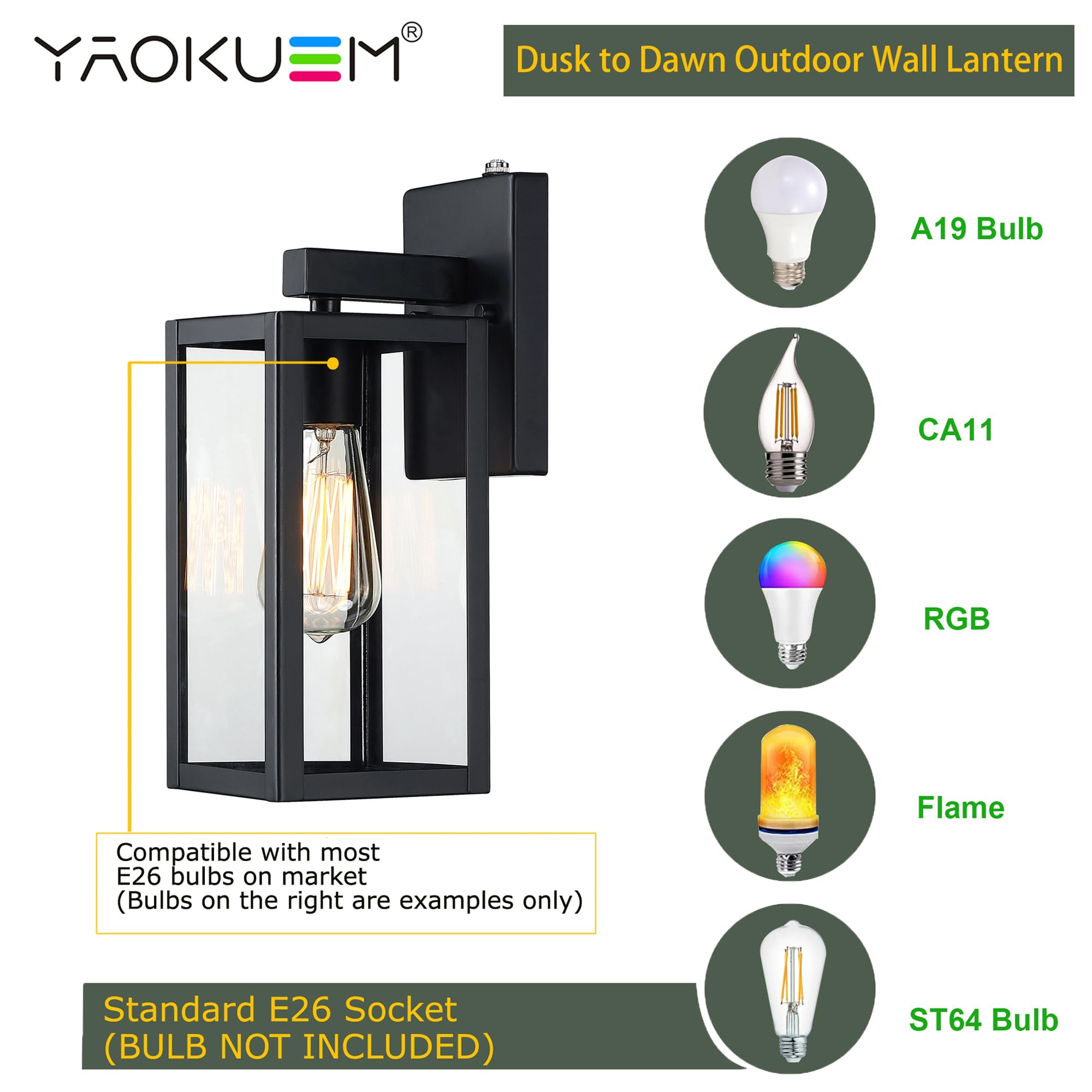 YaoKuem Dusk to Dawn Outdoor Wall Lantern, Photocell Sensor Wall Sconce as Porch Lighting Fixture, E26 Medium Base, Metal Housin