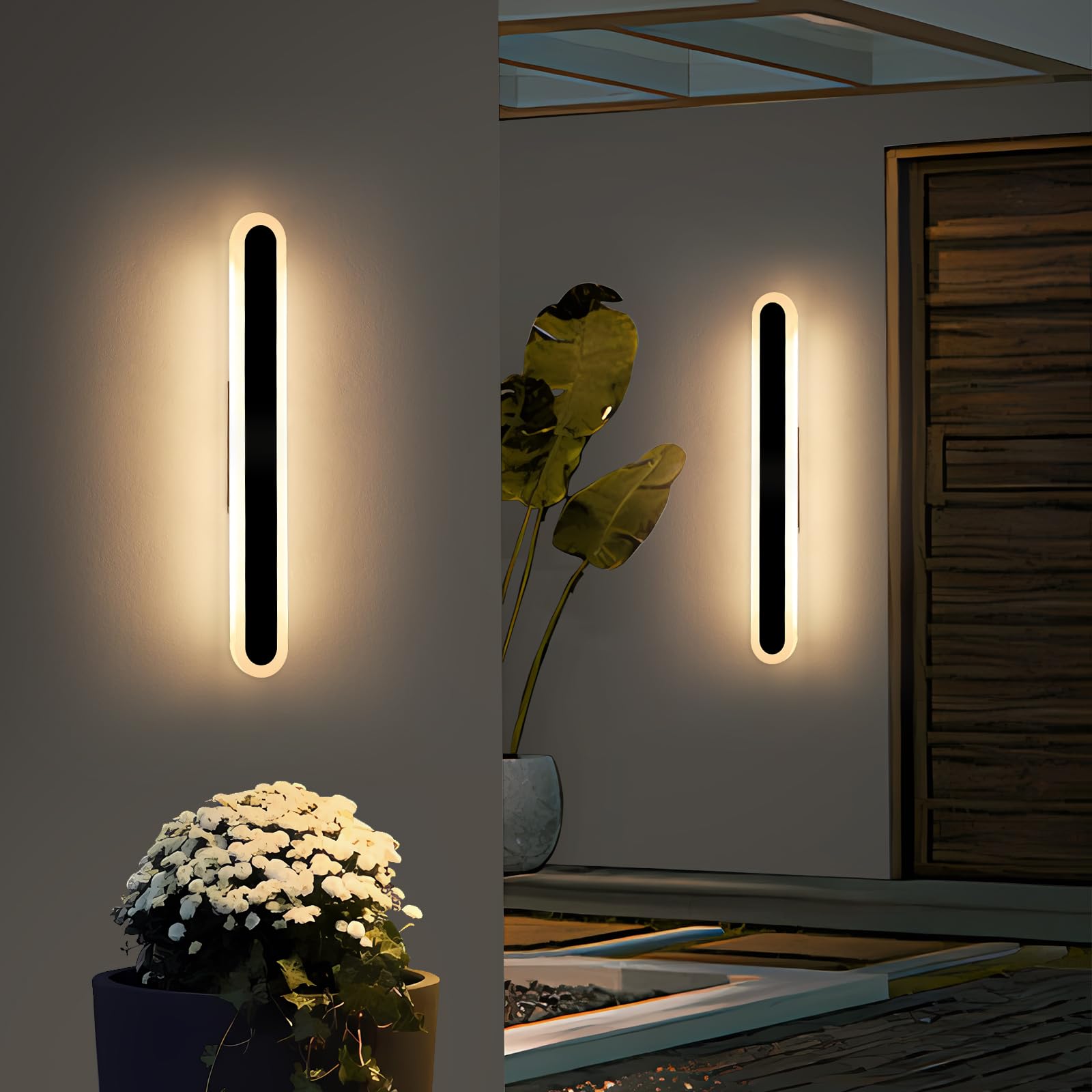 Daoseolo 2 Pack 23.6inch Exterior Wall Light Fixture  Long Outdoor Modern LED Wall Lights  3 Color 3000K/4500K/6000K  24W  IP65 Waterproof Oval Outside Porch Lighting for House  Garage  Fence  Garden