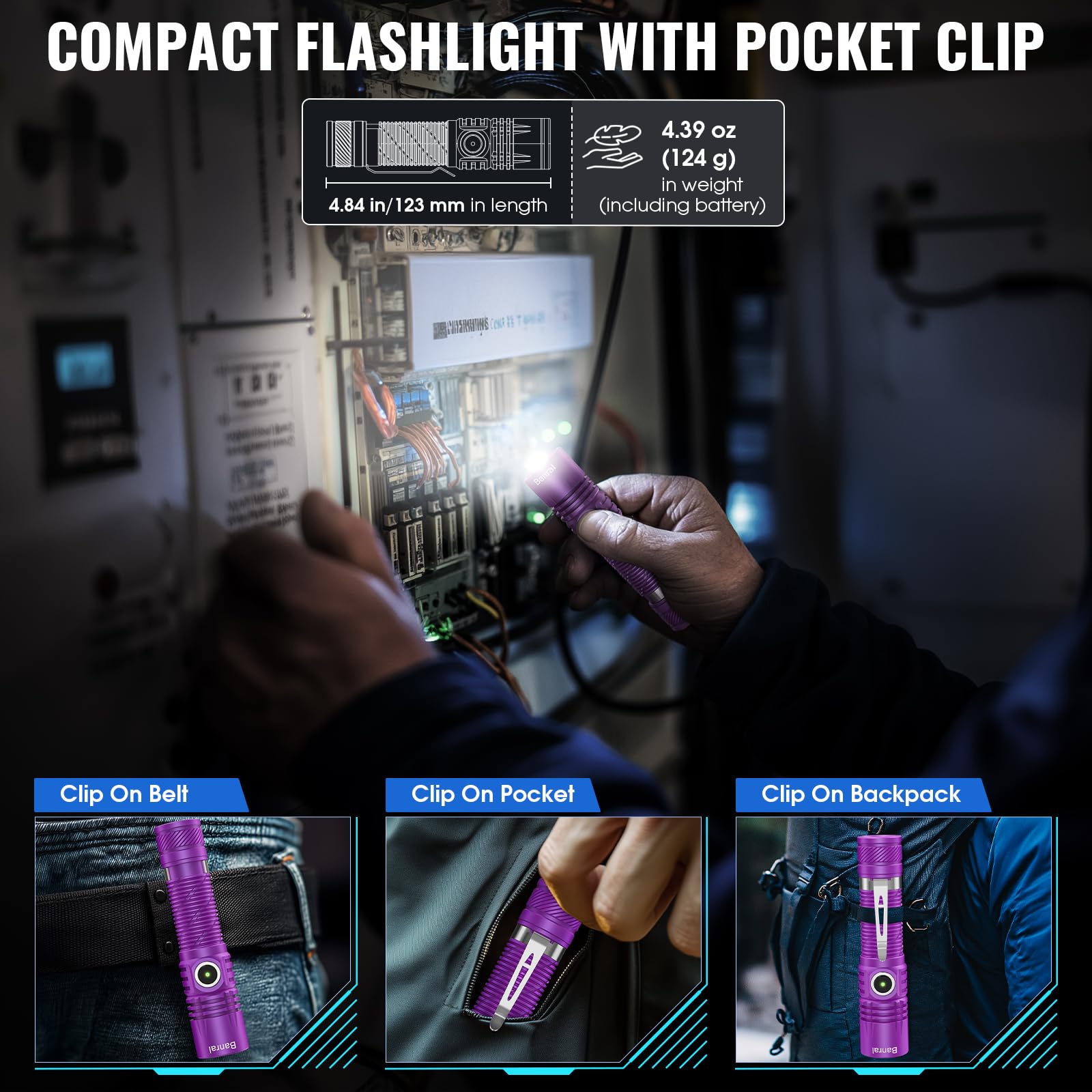 Banral Rechargeable Tactical Flashlight, High Lumens LED, USB-C, 4 Modes, Waterproof, Compact EDC, Mini, Purple, Model K518