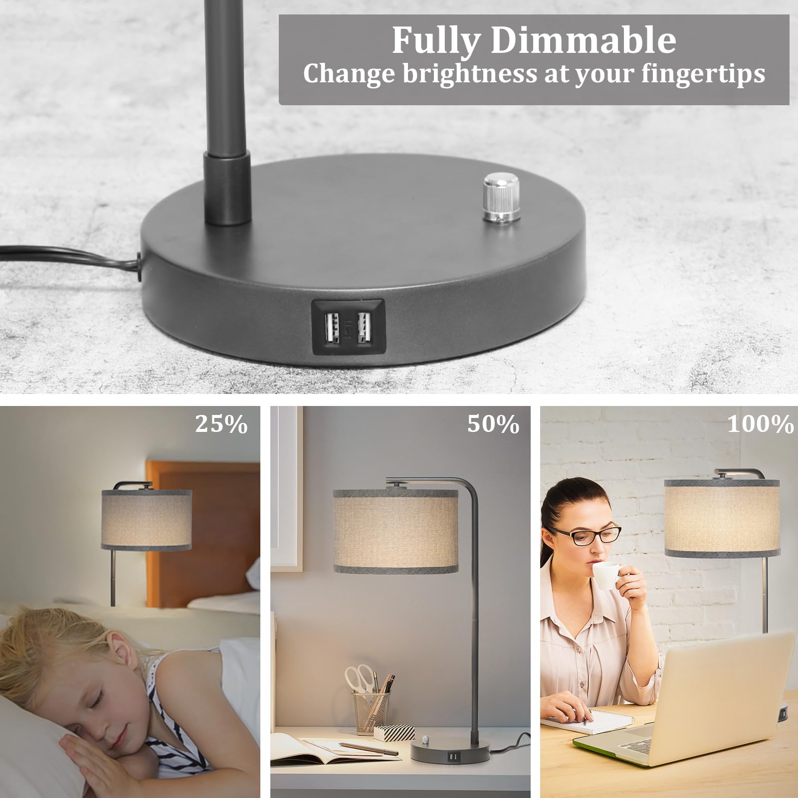 Gray Bedside Lamp With Dual Usb Charging Ports, Fully Dimmable Modern Nightstand Lamp With Grey Fabric Shade, Tall Reading Lamp