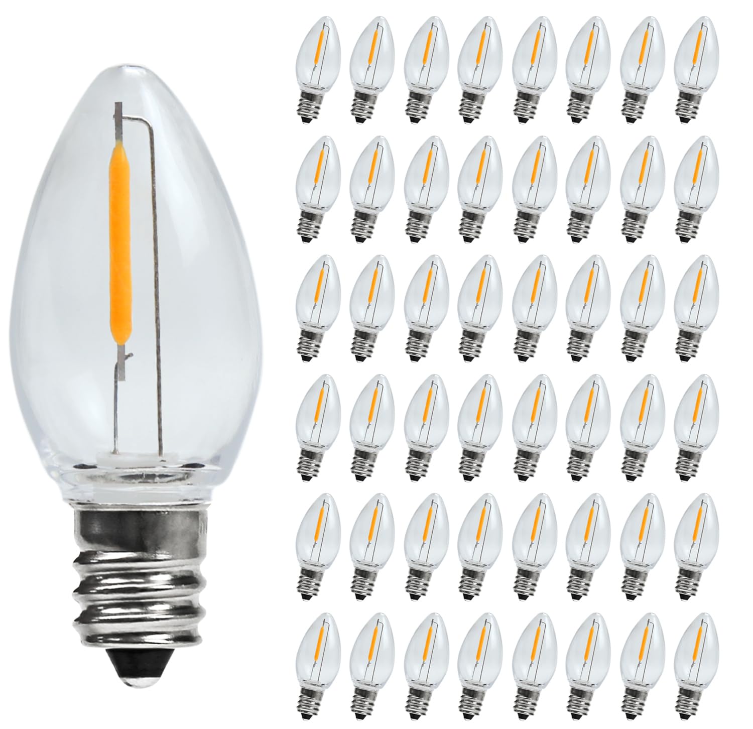 C7 LED Night Light Bulbs  C7 Led Replacement Bulbs for Christmas String Lights  Shatterproof & Waterproof C7 Led Bulbs  E12 Candelabra Base  0.6W Equivalent to 7W  2200K Warm White  Plastic 50 Pack