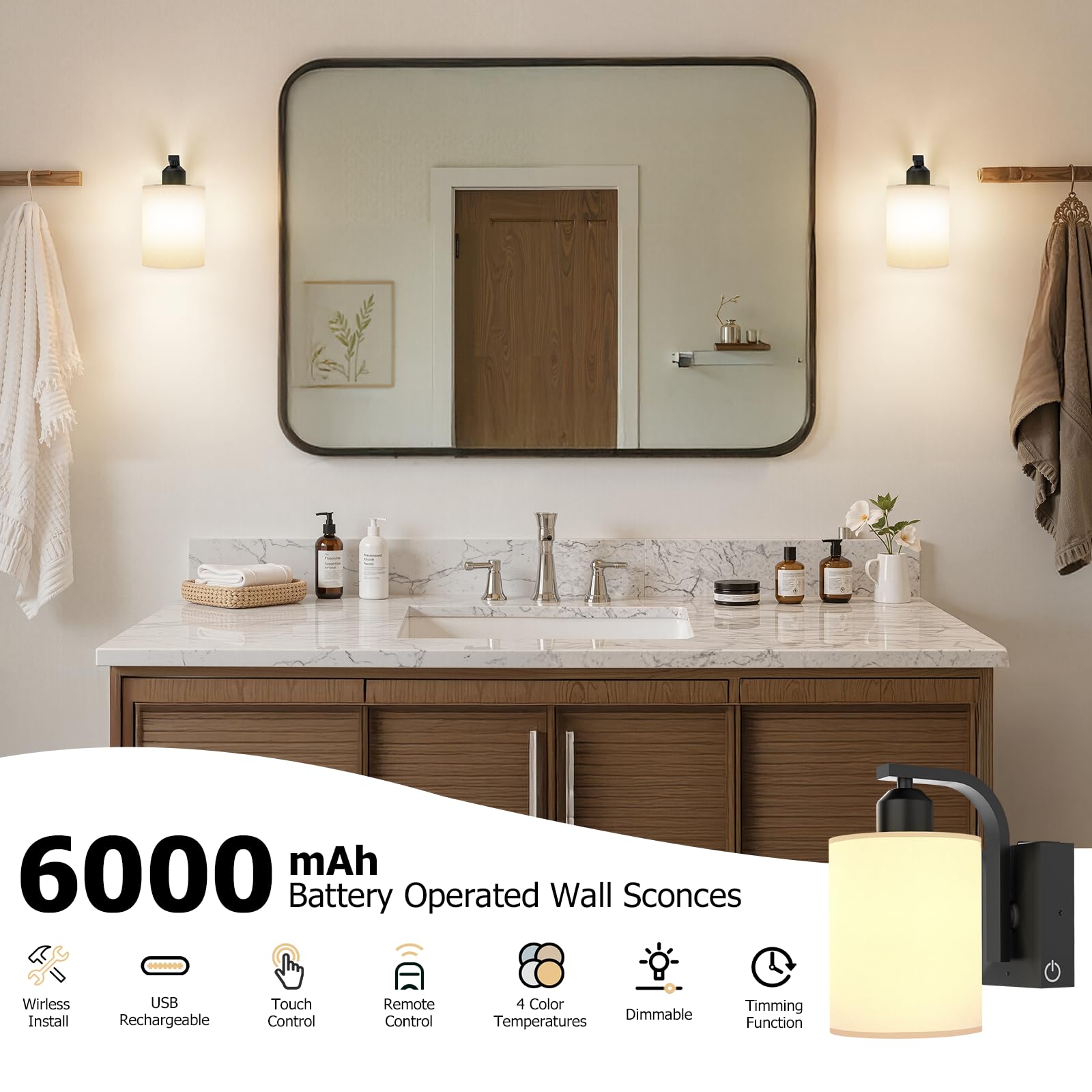 iThird Wall Sconce Set of 2, 6000mAh Rechargeable, Touch & Remote Control, Black, 8 Inch, Wireless Wall Lamps for Bedroom & Living Room