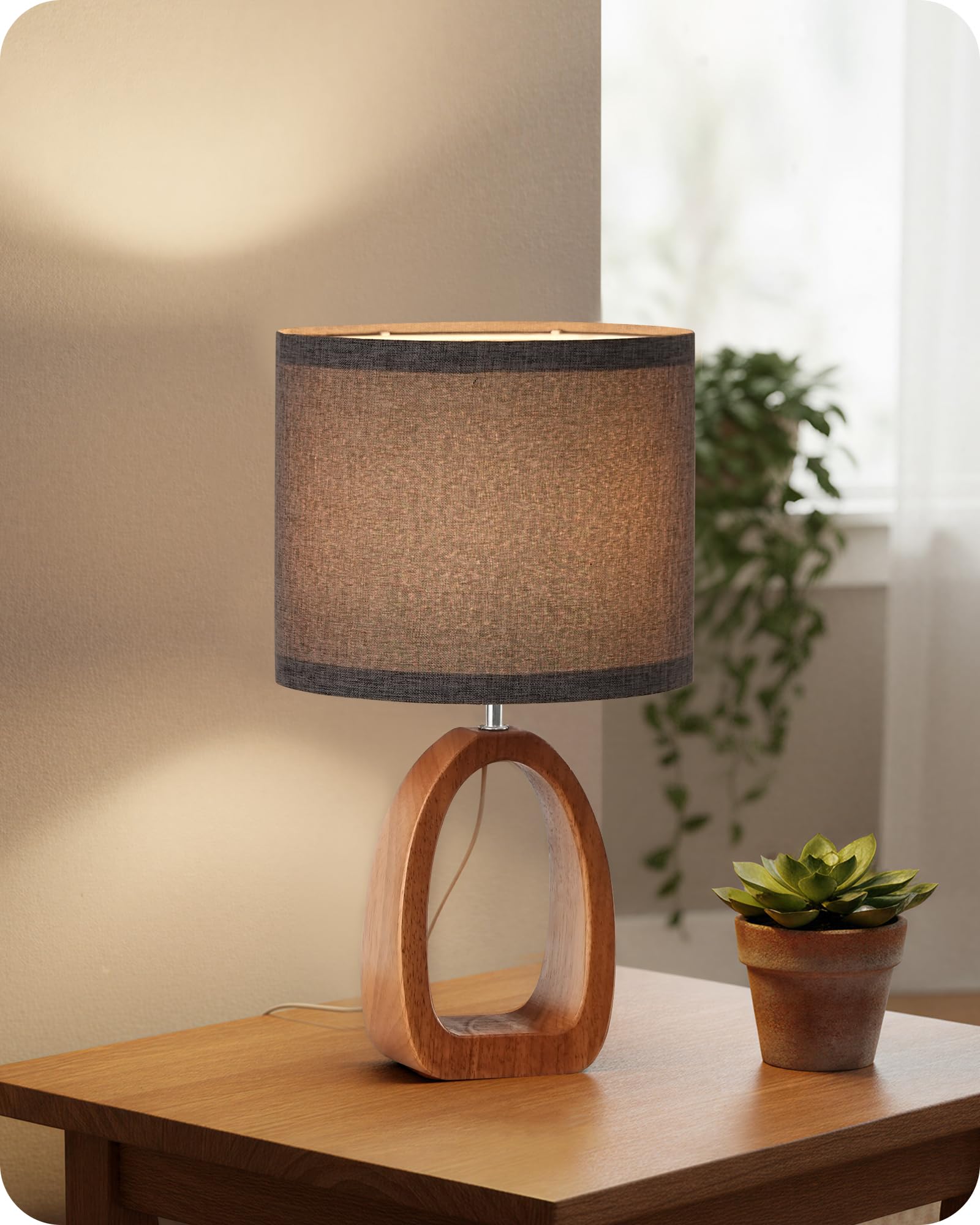 GOEBLESON Gray Table Lamp, Small Wood Bedside Lamp with Gray Linen Lampshade & Dark Pearwood Base, Modern Nightstand Lamp for Be