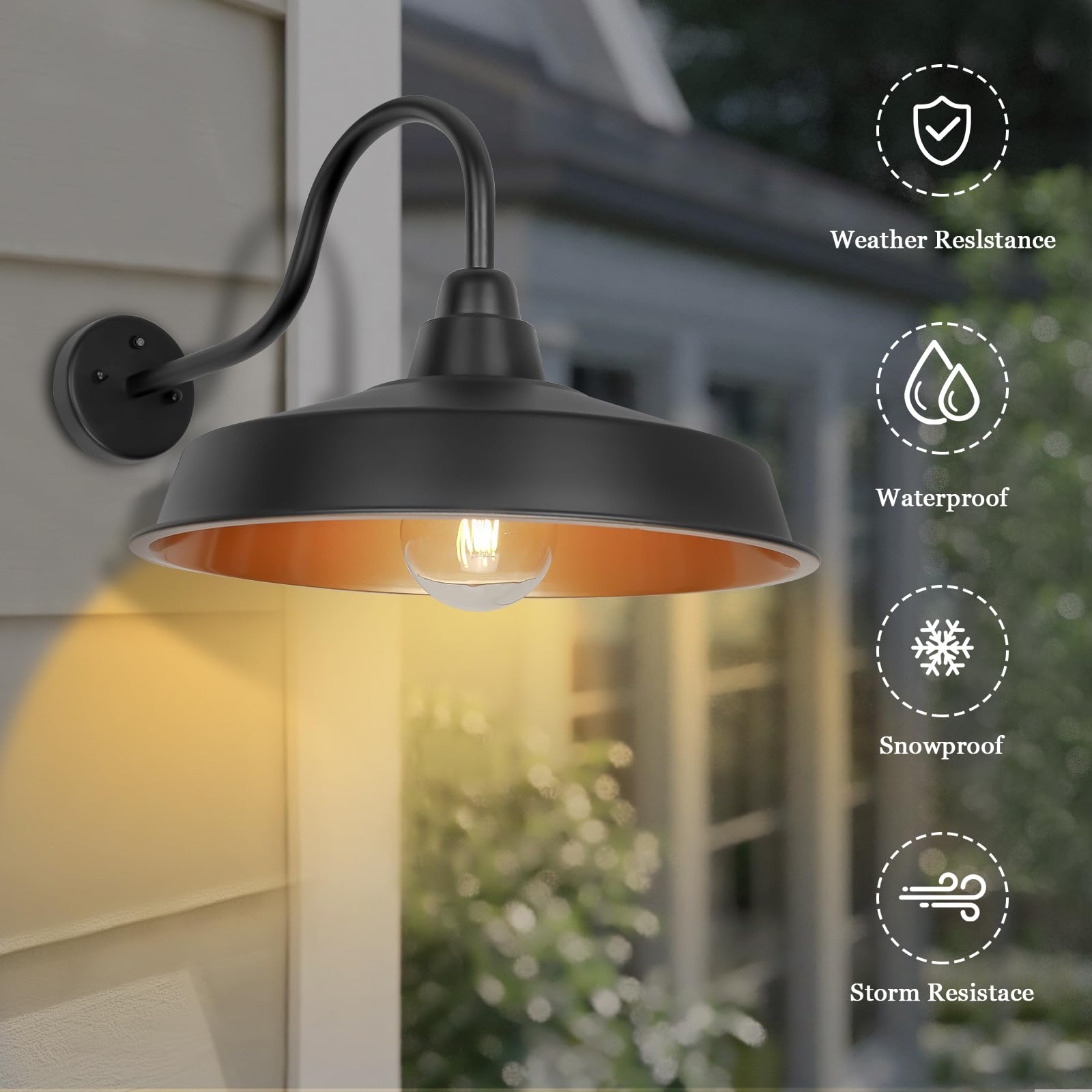 Diyel Gooseneck Barn Light - 16" Outdoor Wall Sconce, Dusk to Dawn, Black & Gold, 2 Pack, Model DDRZ020 GD-2PACK