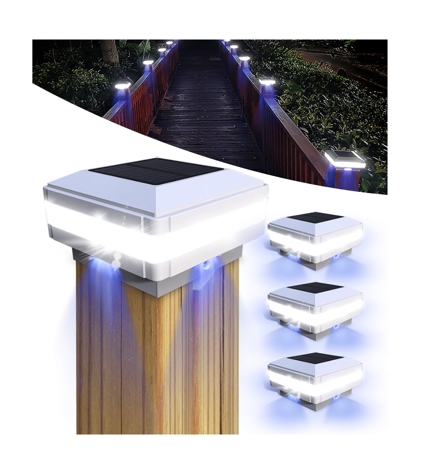 INDARUN Solar Post Cap Lights, IP65 Waterproof, 4x4/5x5/6x6, 52 LEDs, 160LM, White, Flexfit - 4 Pack