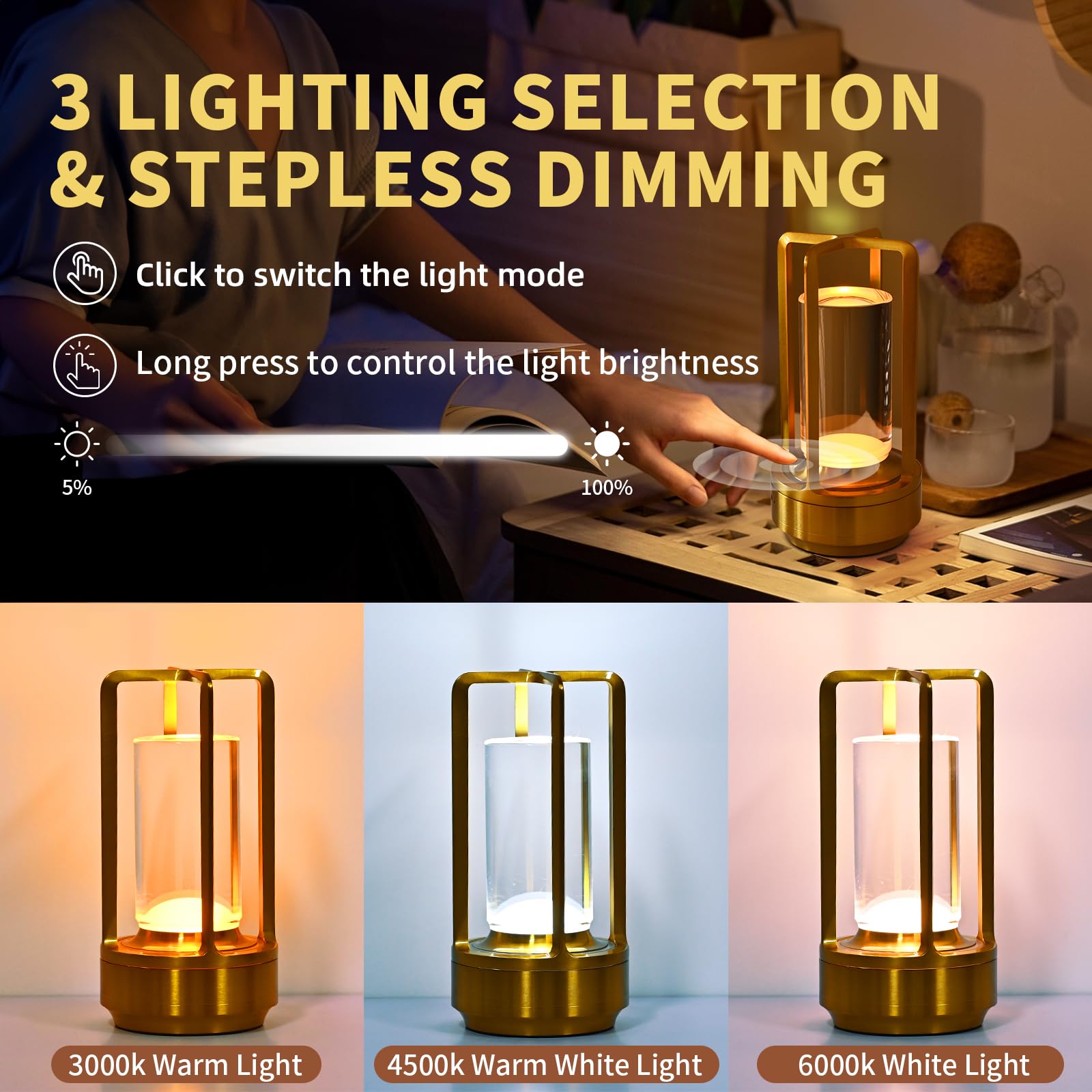 Cordless Table Lamp With Touch Sensor, Lumisom Crystal Table Lantern Lamp, Rechargeable Cordless Led Lamp, 3 Color 3200Ma Stepless Dimming Touch, Desk Lamp For Bedroom Restaurant Home Outdoor (Gold)