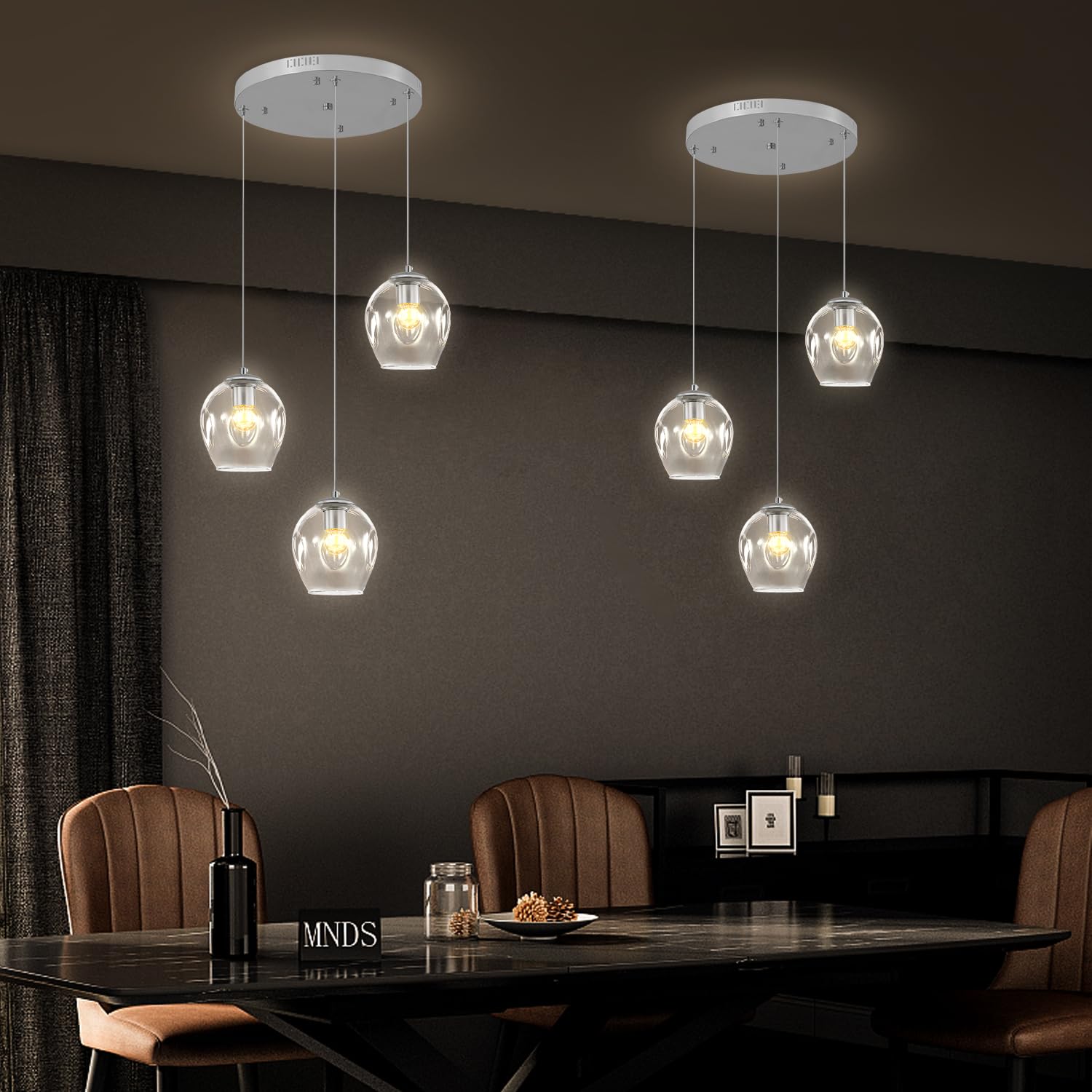 3-Light Silver Chandelier With Led Bulbs & Clear Glass Shade Ceiling Light Pendant Light For Kitchen Island, Dining Room, Living