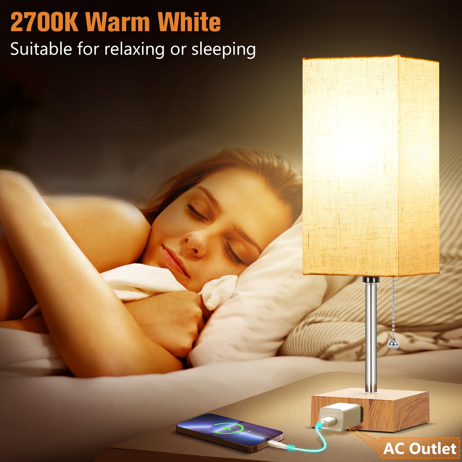 Plmmy Bedside Table Lamp For Bedroom Nightstand, 3 Color Nightstand Lamps Set Of 2 With Ac Outlets, Square Pull Chain Bedside La