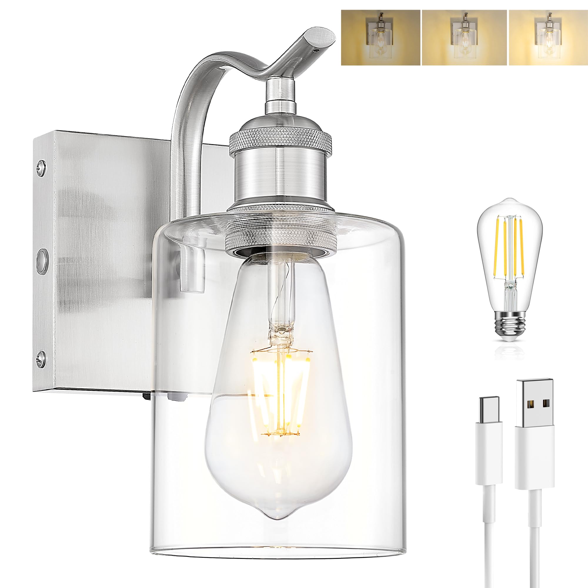 Jazava Brushed Nickel Battery Cordless Wall Sconces  Rechargeable Sconces Wall Lighting Fixture With Clear Glass Shade For Bathroom Industrial Metal Wall Mount Lamp For Bedroom Living Room Zcvl01Bn-1A