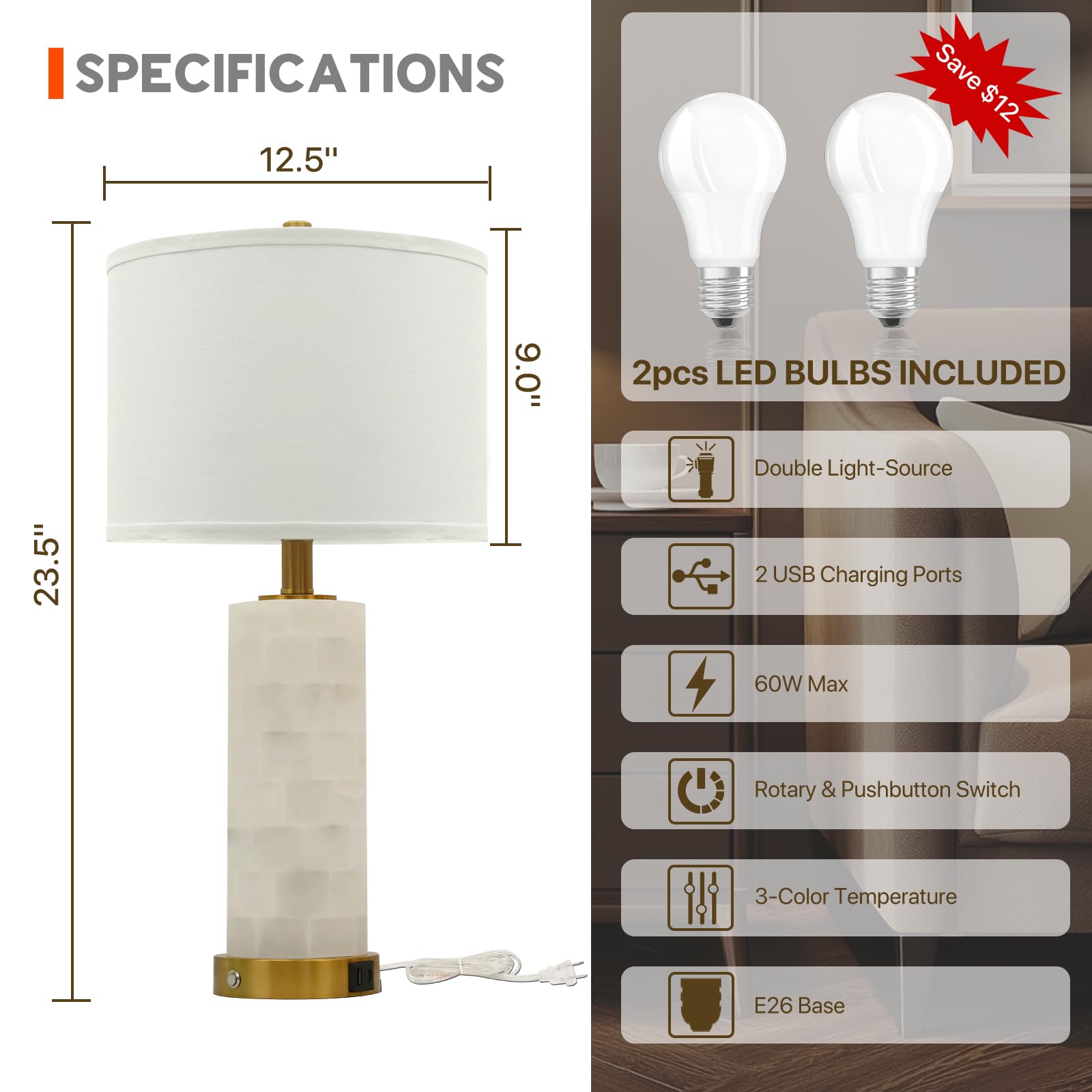 vallerico Alabaster Lamp Set of 2, 23.5" Table Lamps with USB Ports, 3-Color Temperatures, Gold Finish, Model VR-MTB-G2
