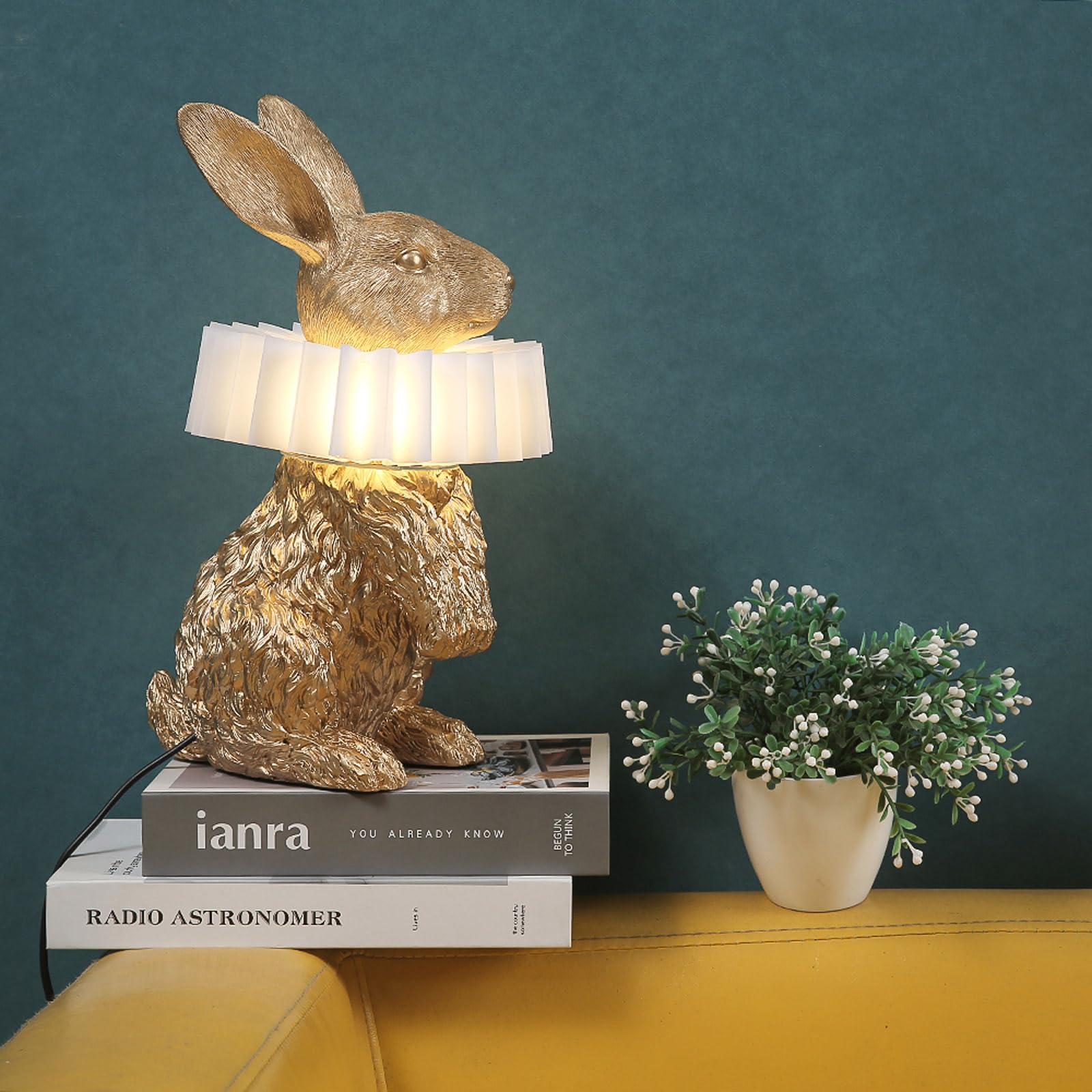 LAZHUG Scarf Rabbit Table Lamp, Gold Standing, Resin Crafted, USB Plug, Energy-Efficient Nightstand Lamp