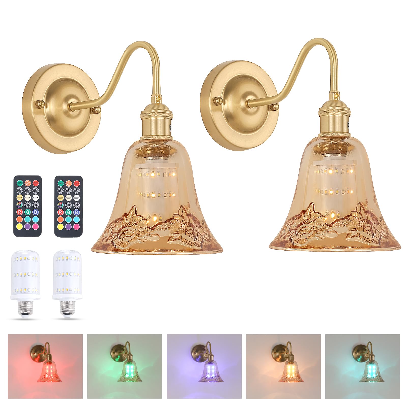 Shenmoyl Battery Operated Wall Sconce Set of 2, Vintage Glass Shade, Wireless Indoor Lamp, Amber Morning Glory, Model 1-93756-wlamp