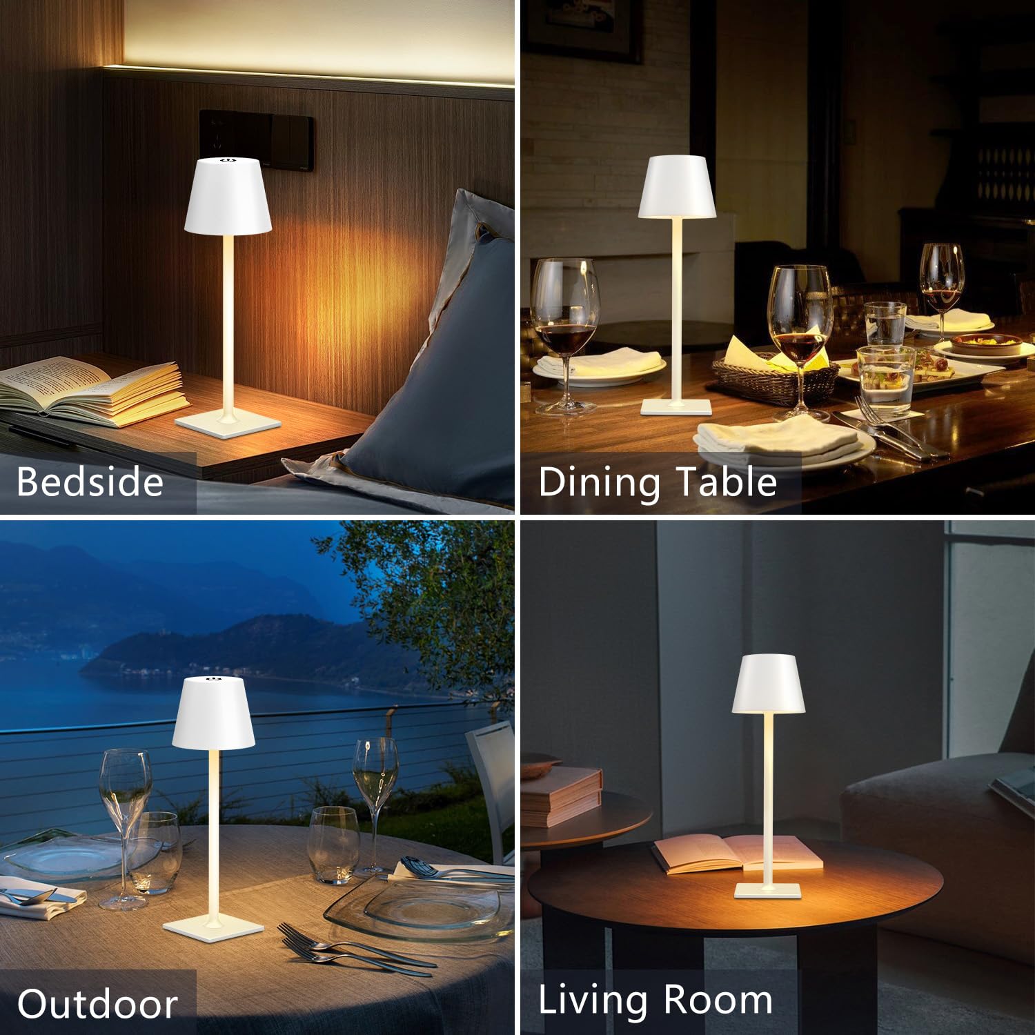 Fizrice Cordless Table Lamp, Rechargeable 6000mAh, Waterproof, Touch Control, Portable, White, Model TL-W, 2 Pack